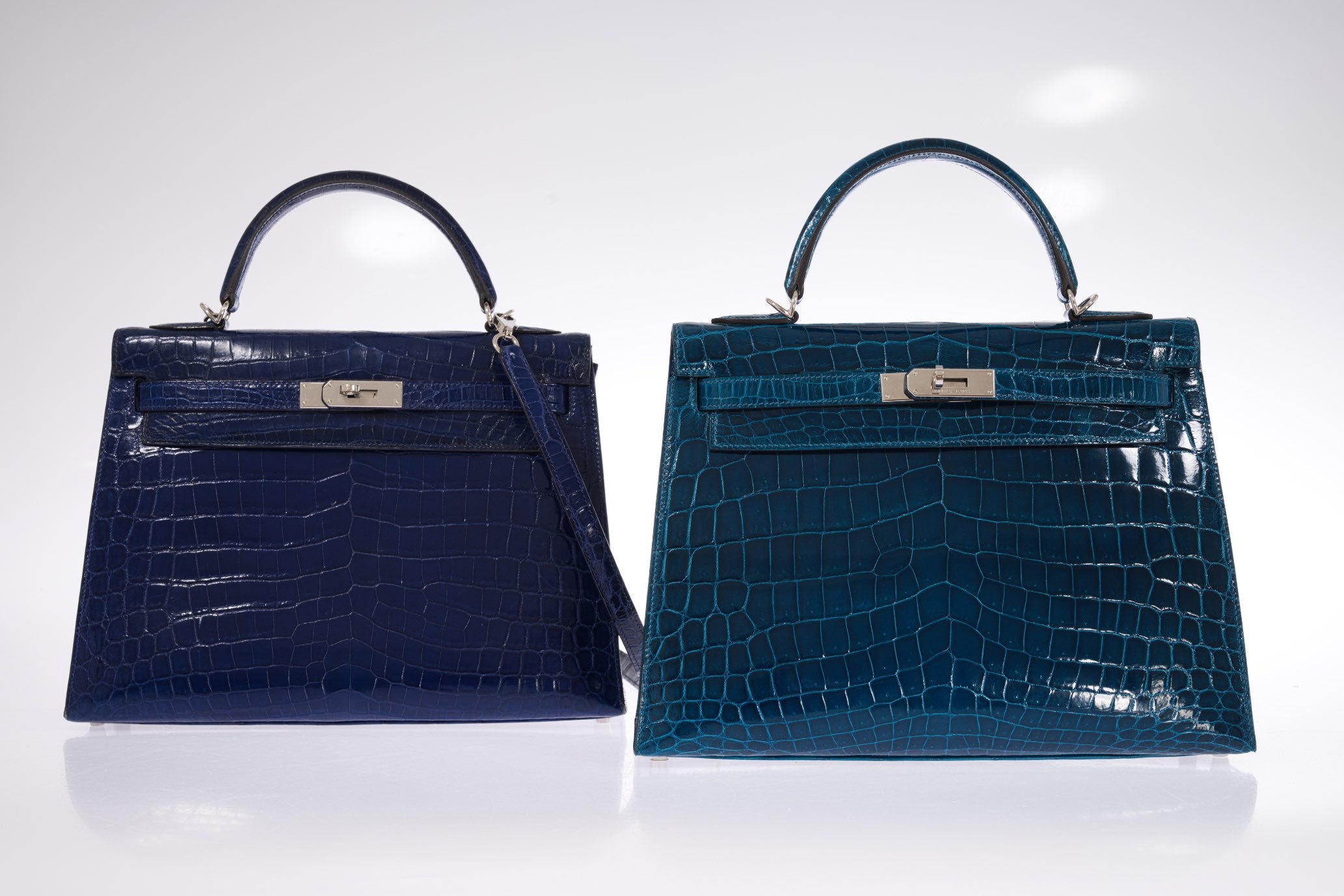 Hermès Kelly 32 Sellier Blue Colvert Shiny Niloticus Crocodile Palladium Hardware