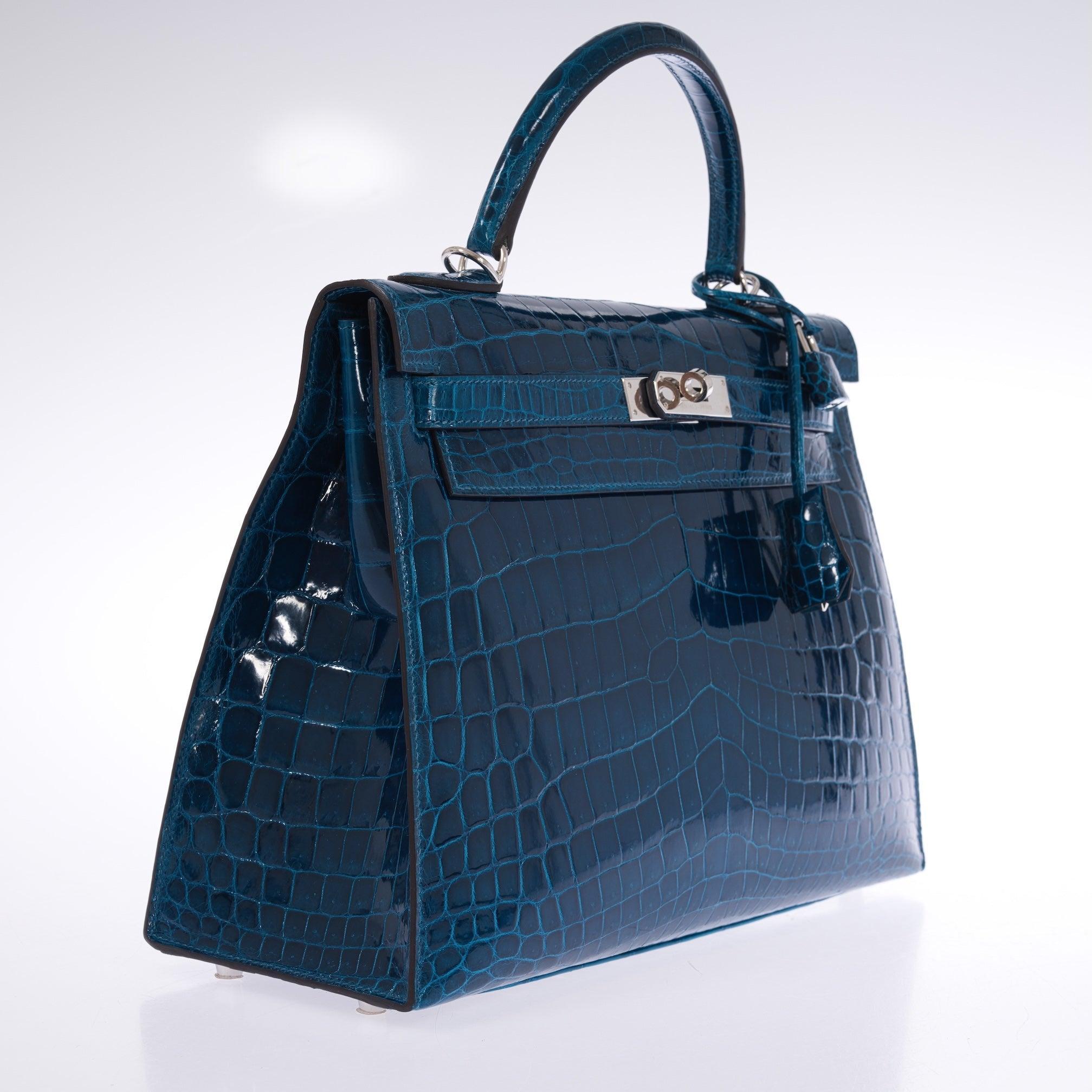 Hermès Kelly 32 Sellier Blue Colvert Shiny Niloticus Crocodile Palladium Hardware