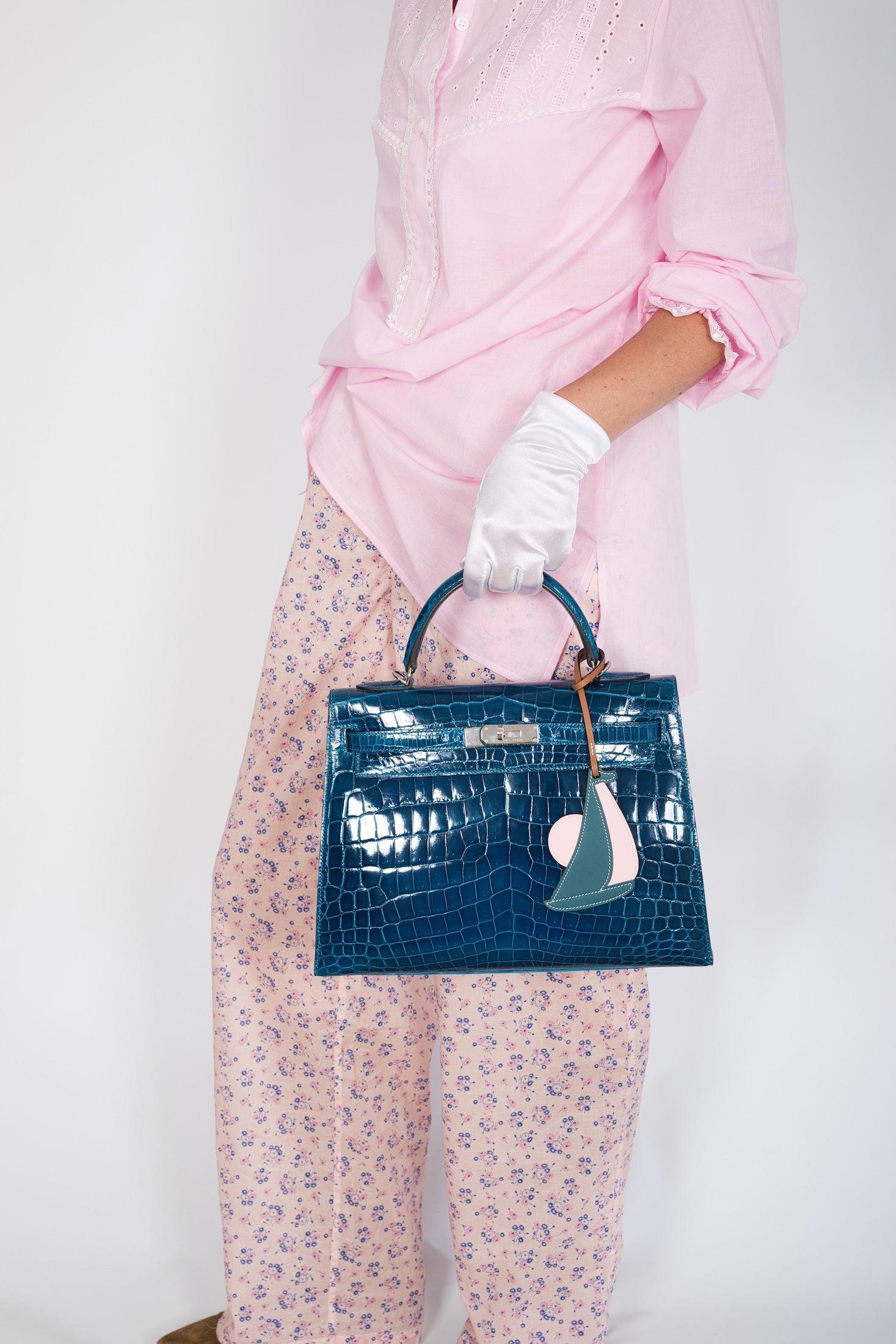 Hermès Kelly 32 Sellier Blue Colvert Shiny Niloticus Crocodile Palladium Hardware