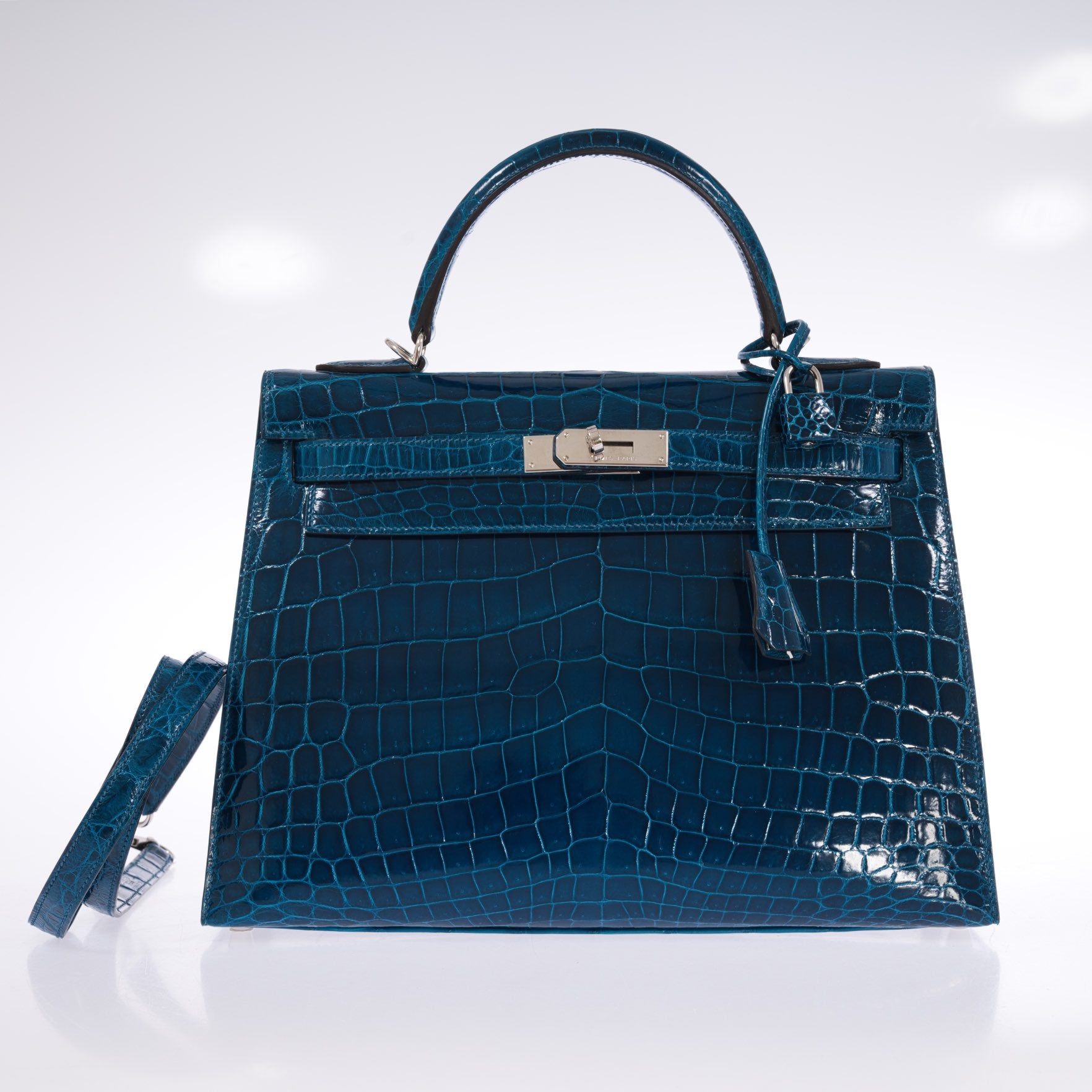 Hermès Kelly 32 Sellier Blue Colvert Shiny Niloticus Crocodile Palladium Hardware