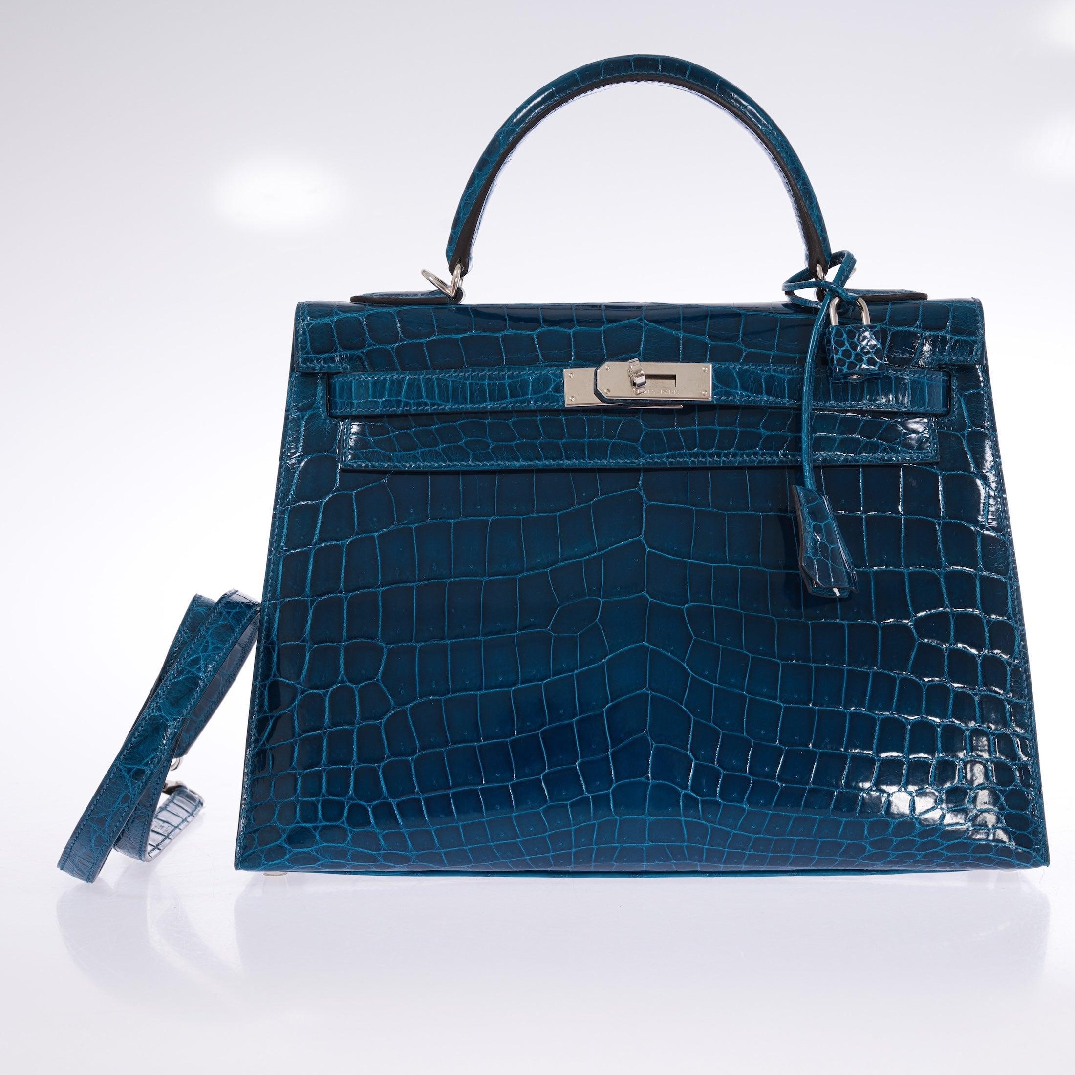 Hermès Kelly 32 Sellier Blue Colvert Shiny Niloticus Crocodile Palladium Hardware