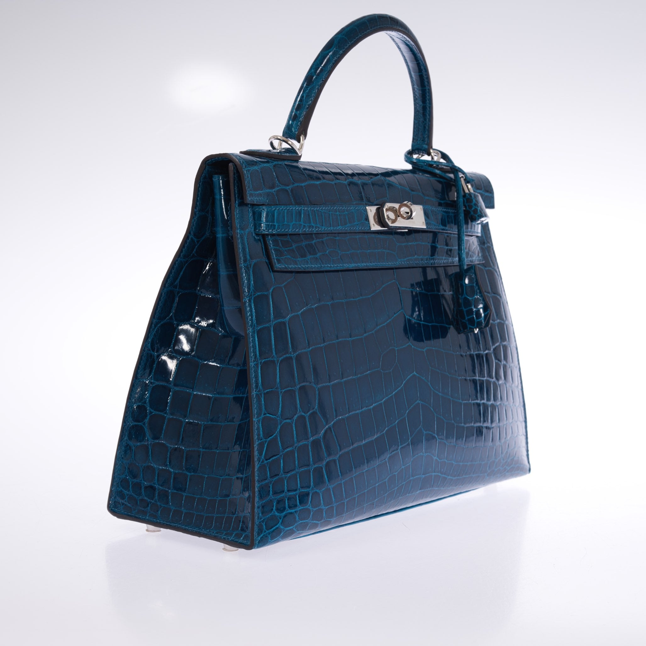 Hermès Kelly 32 Sellier Blue Colvert Shiny Niloticus Crocodile Palladium Hardware