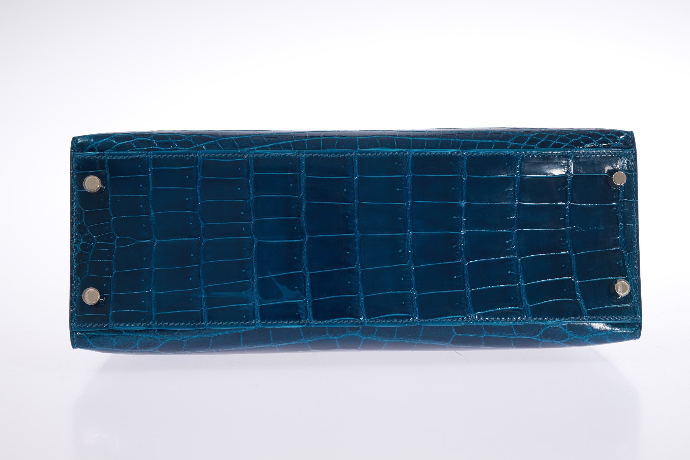 Hermès Kelly 32 Sellier Blue Colvert Shiny Niloticus Crocodile Palladium Hardware