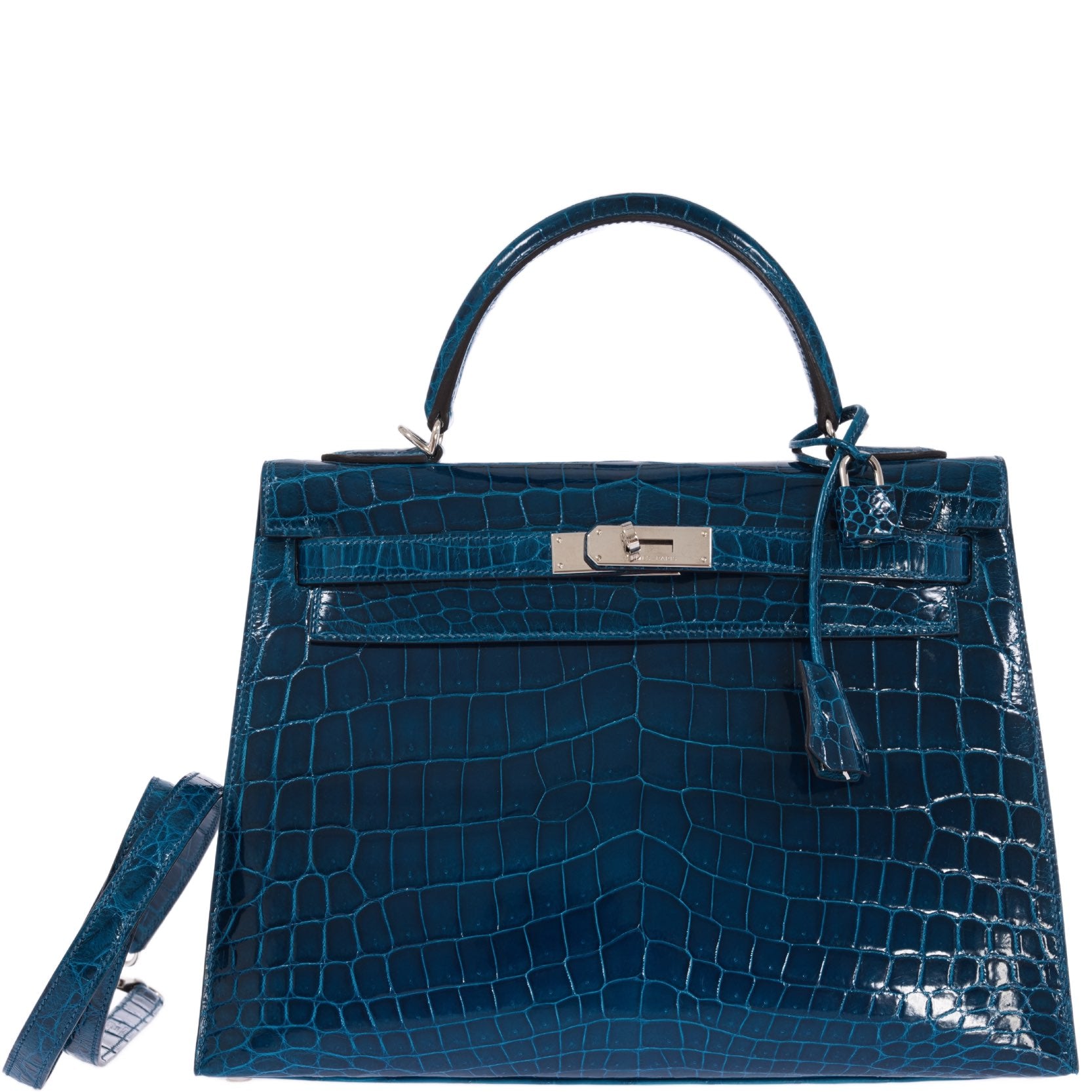 Hermès Kelly 32 Sellier Blue Colvert Shiny Niloticus Crocodile Palladium Hardware
