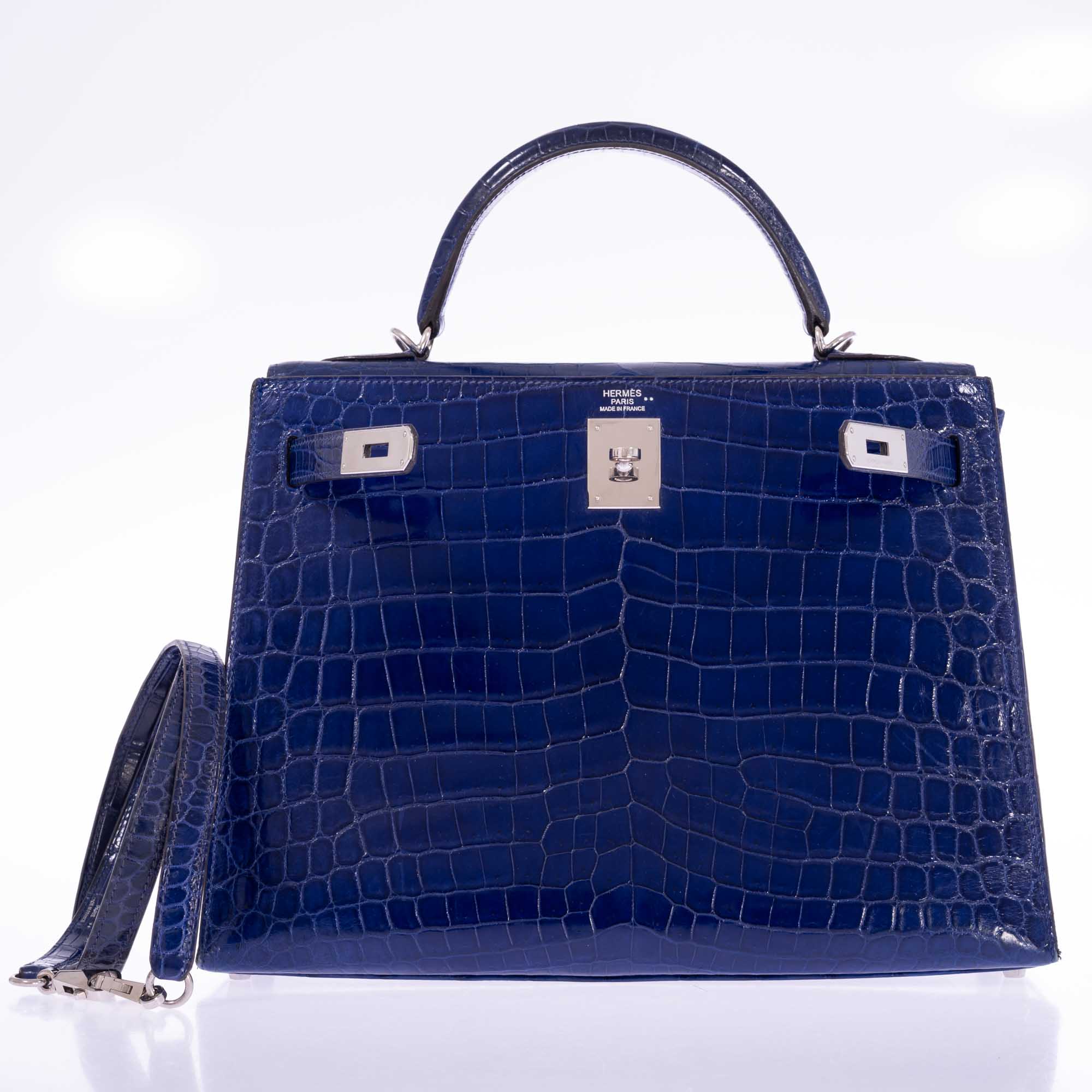 Hermès Kelly 32 Sellier Blue Electric Shiny Porosus Crocodile Palladium Hardware