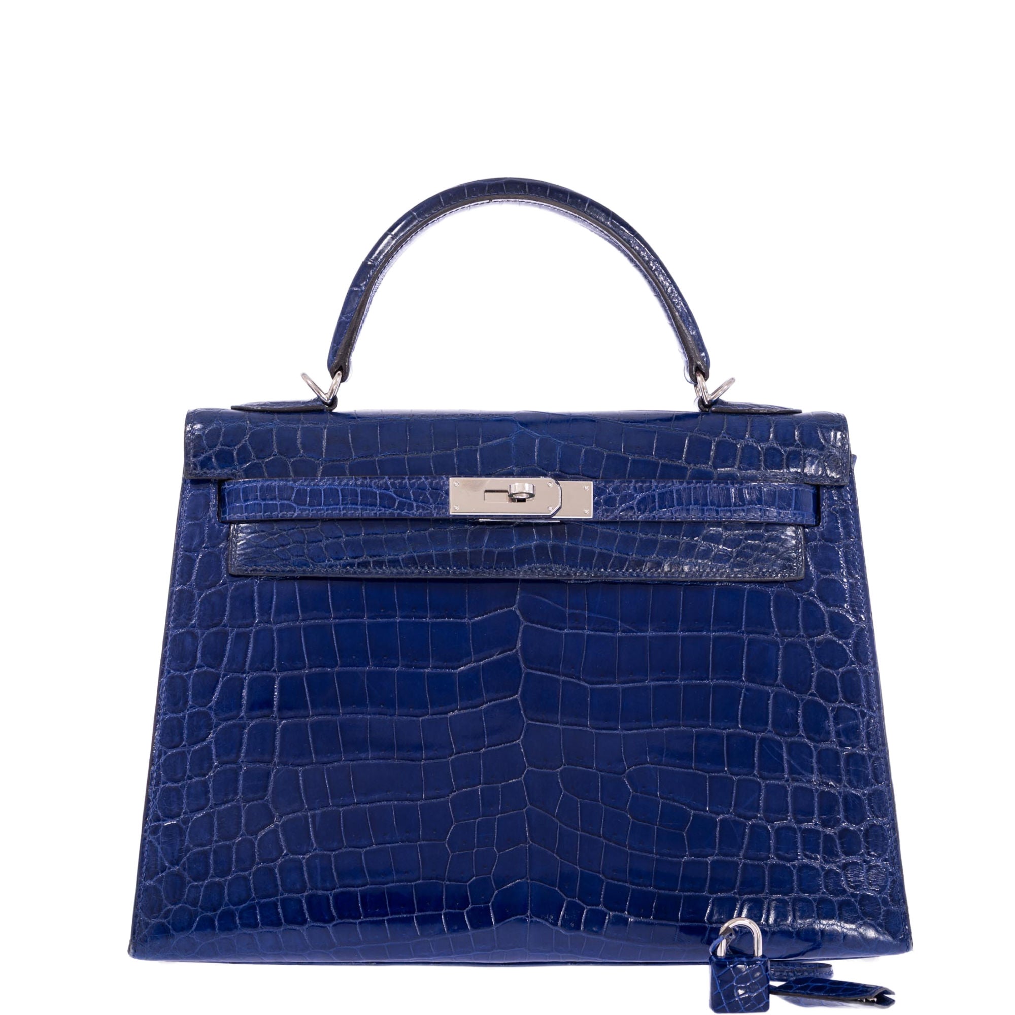 Hermès Kelly 32 Sellier Blue Electric Shiny Porosus Crocodile Palladium Hardware