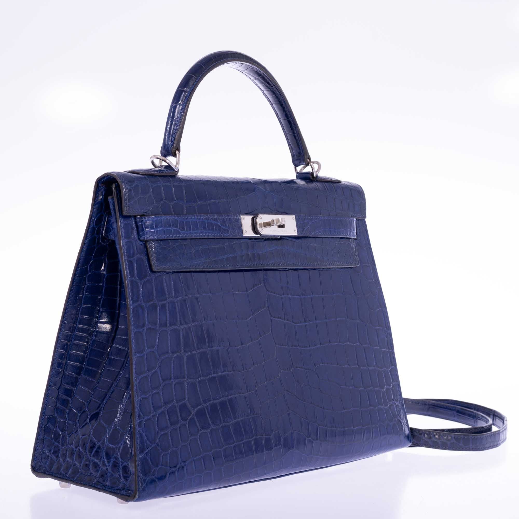 Hermès Kelly 32 Sellier Blue Electric Shiny Porosus Crocodile Palladium Hardware