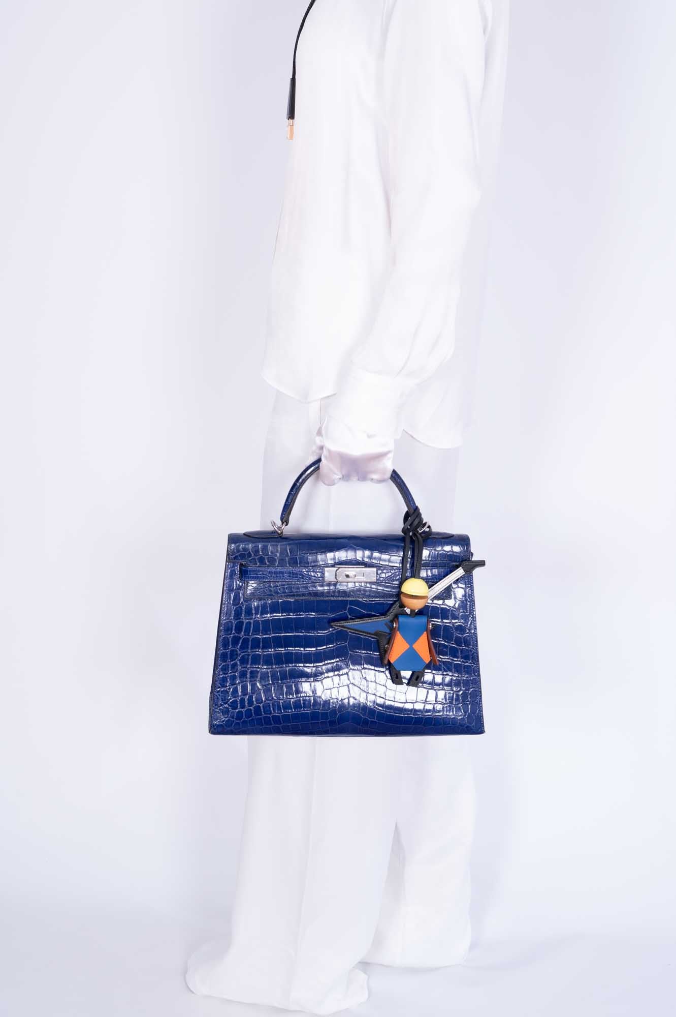 Hermès Kelly 32 Sellier Blue Electric Shiny Porosus Crocodile Palladium Hardware