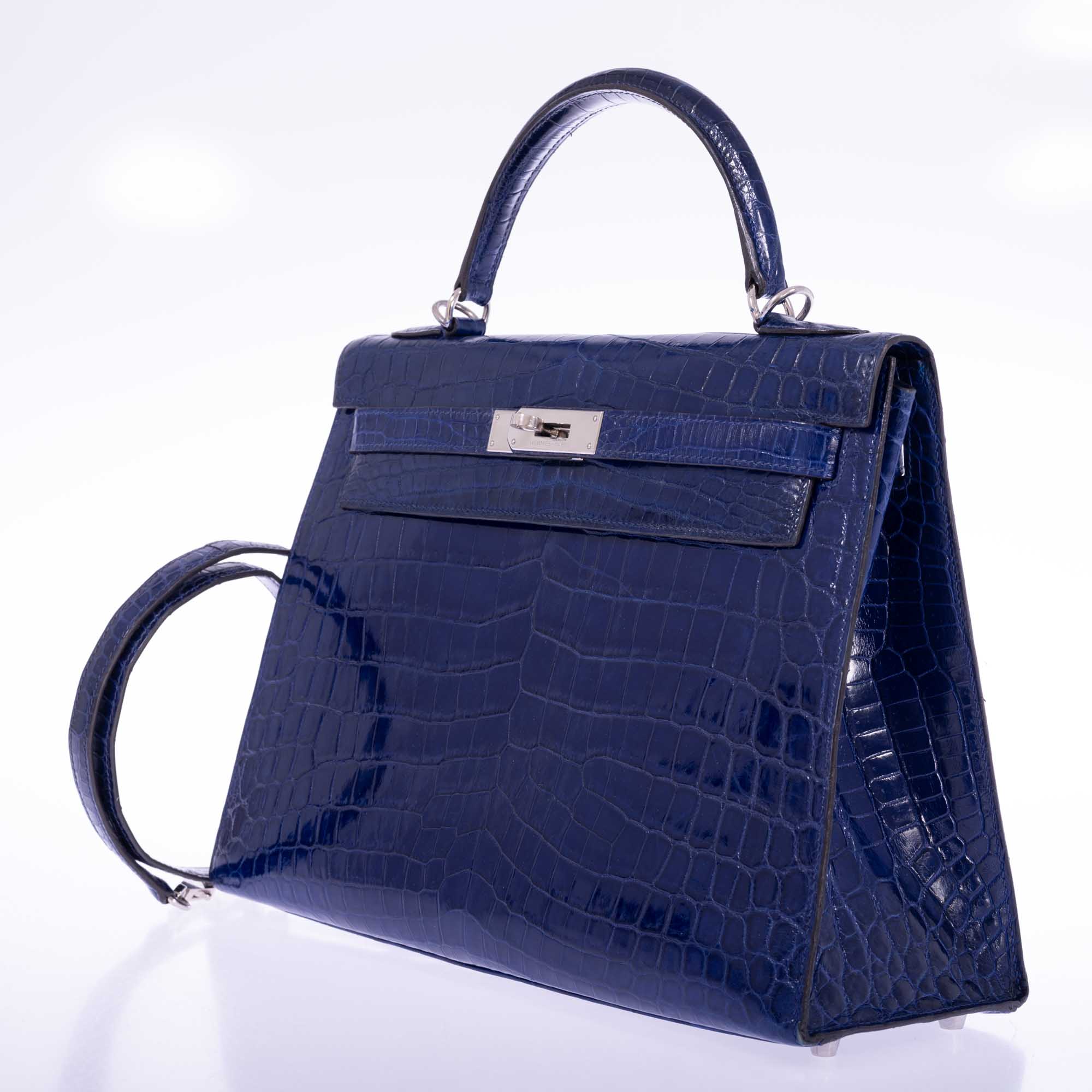 Hermès Kelly 32 Sellier Blue Electric Shiny Porosus Crocodile Palladium Hardware