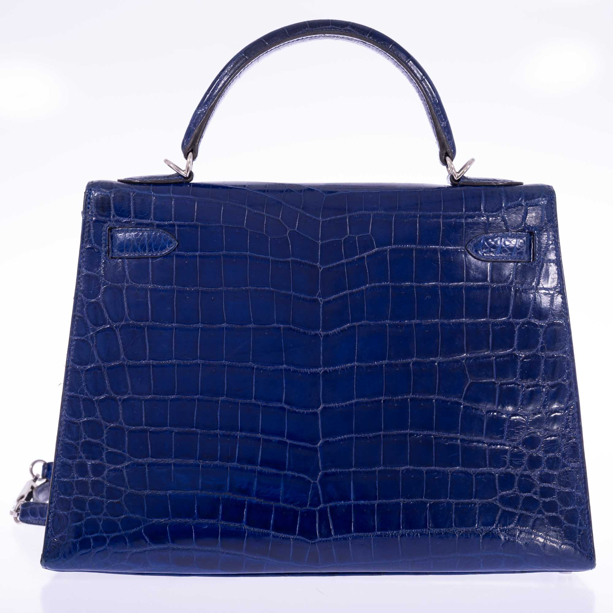 Hermès Kelly 32 Sellier Blue Electric Shiny Porosus Crocodile Palladium Hardware