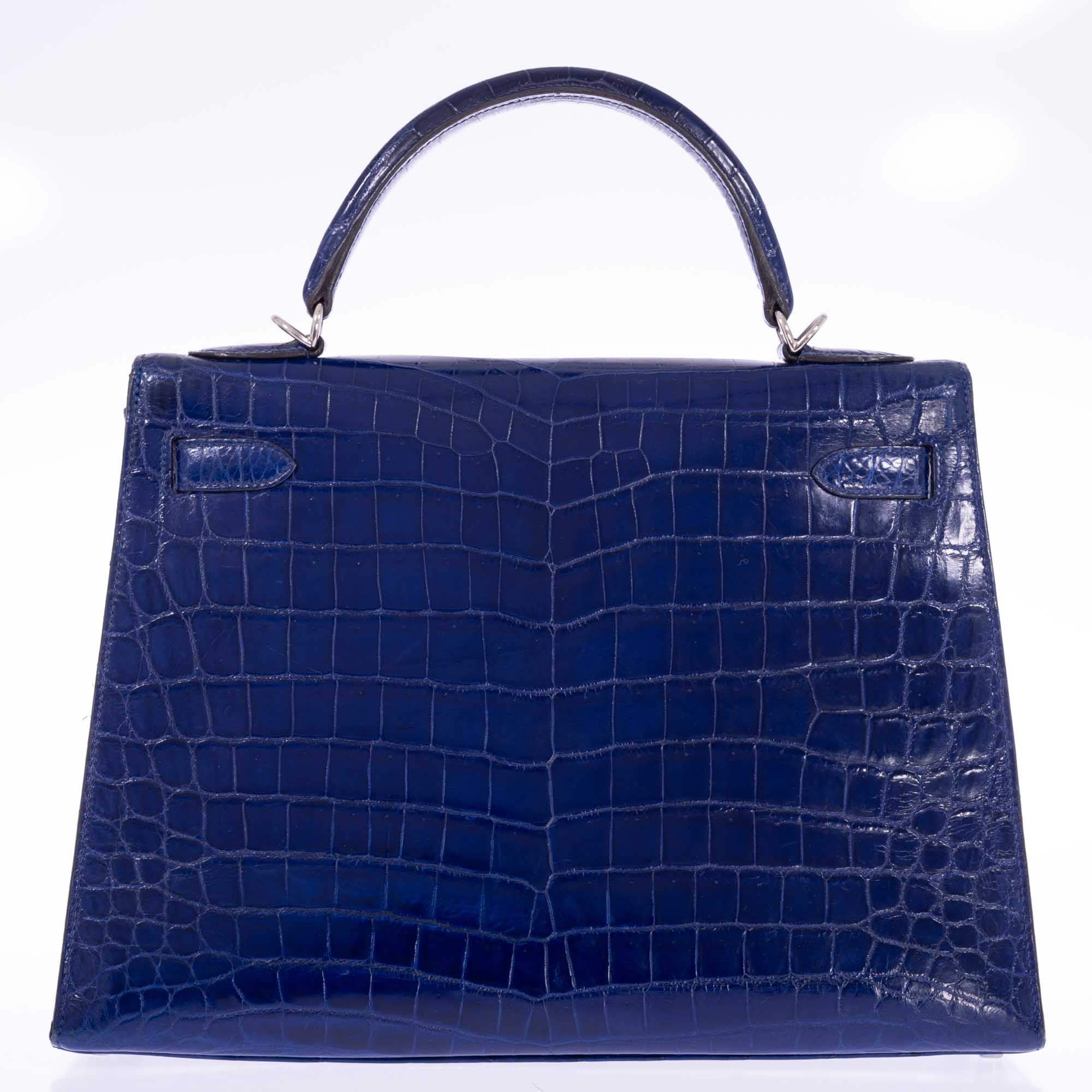 Hermès Kelly 32 Sellier Blue Electric Shiny Porosus Crocodile Palladium Hardware