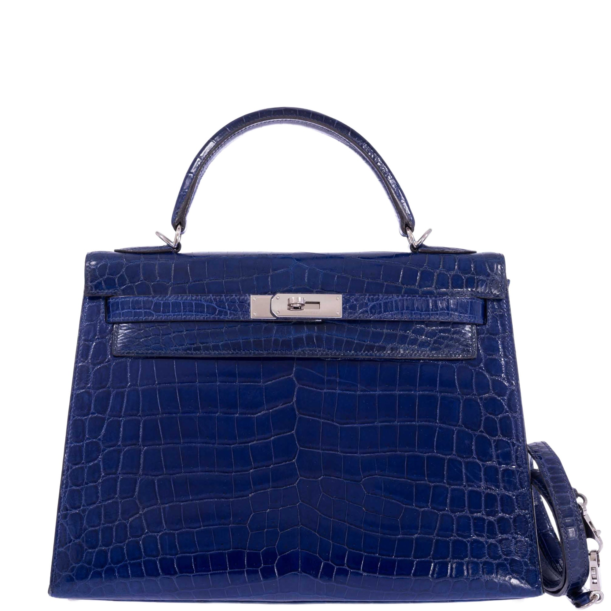 Hermès Kelly 32 Sellier Blue Electric Shiny Porosus Crocodile Palladium Hardware