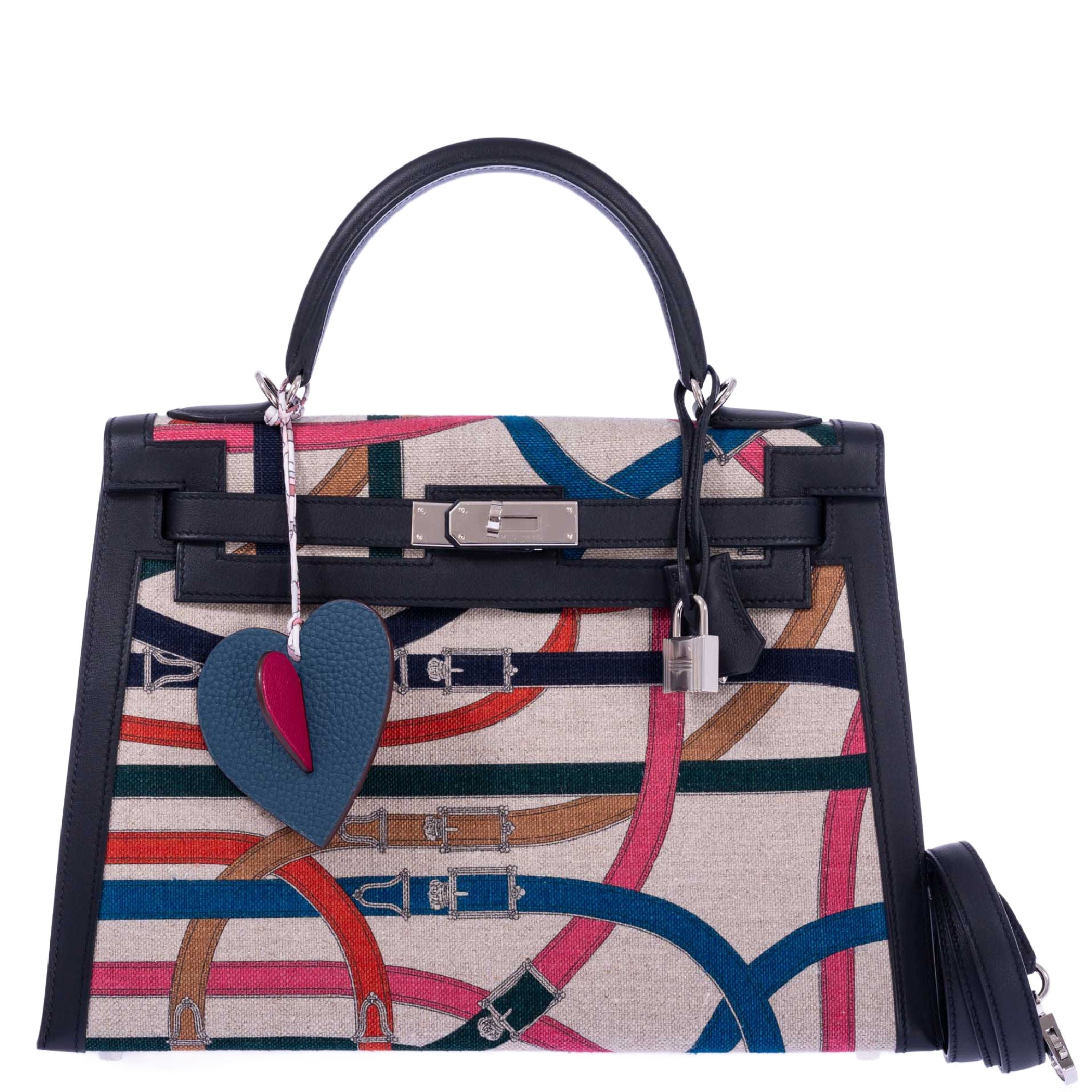 Hermès Kelly 32 Sellier Toile de Camp Cavalcadour and Noir Leather Palladium Hardware
