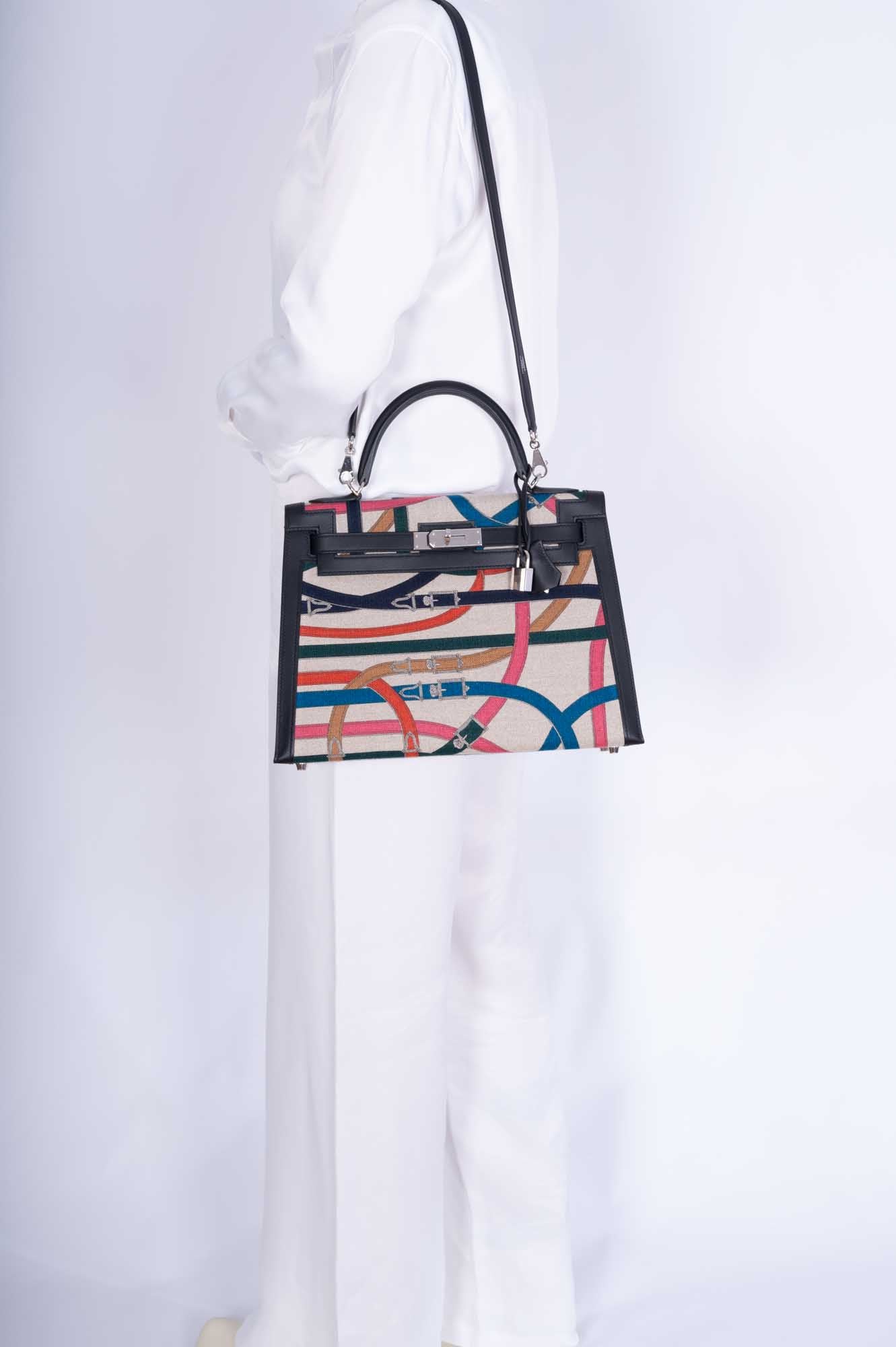 Hermès Kelly 32 Sellier Toile de Camp Cavalcadour and Noir Leather Palladium Hardware