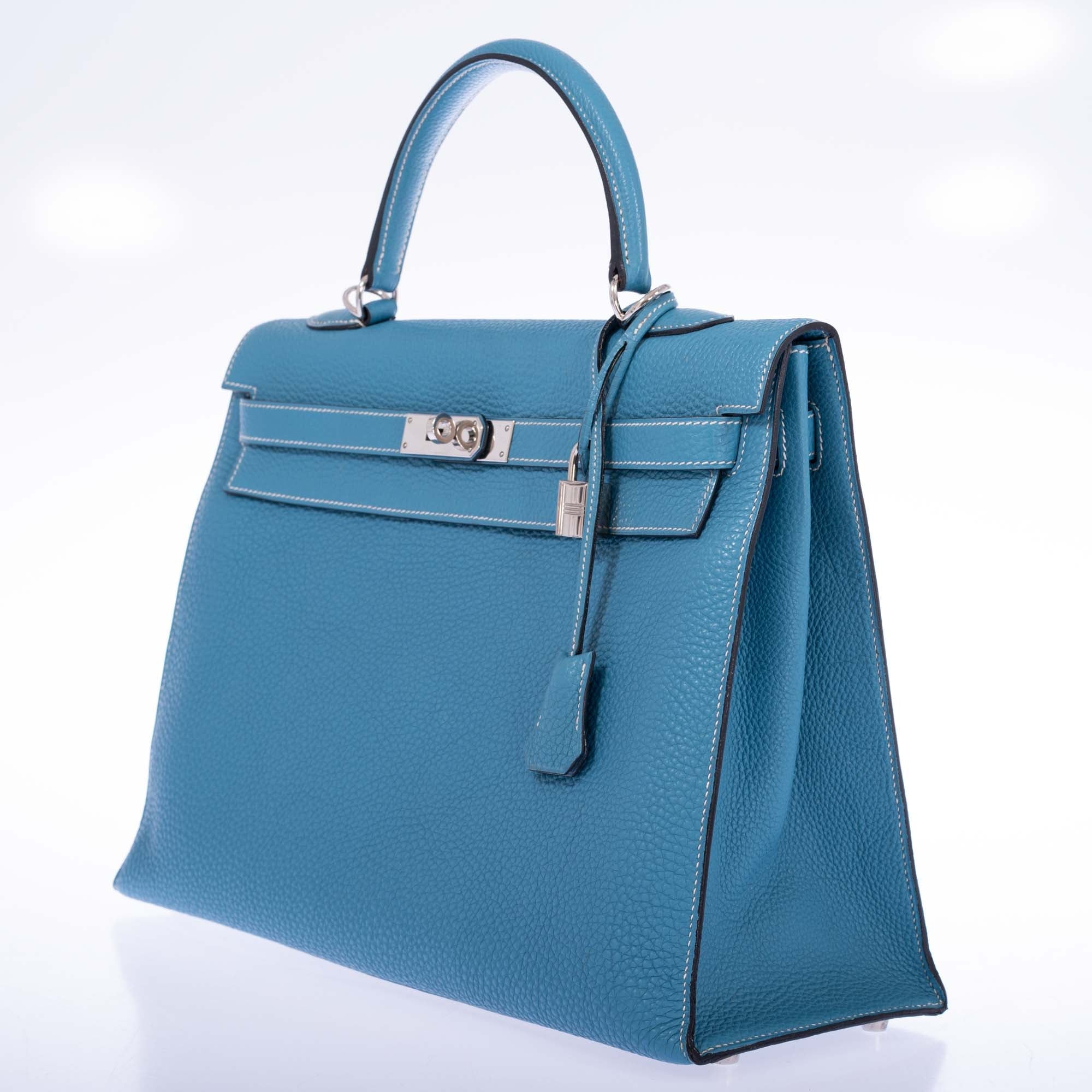 Hermès Kelly 35 Sellier Blue Jean Togo Palladium Hardware