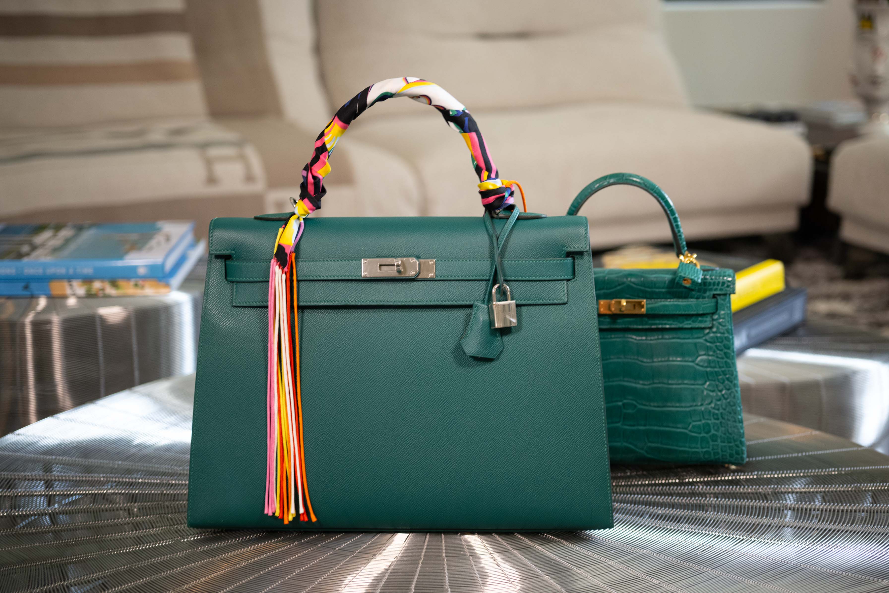 Hermès Kelly 35 Sellier Malachite Epsom Palladium Hardware