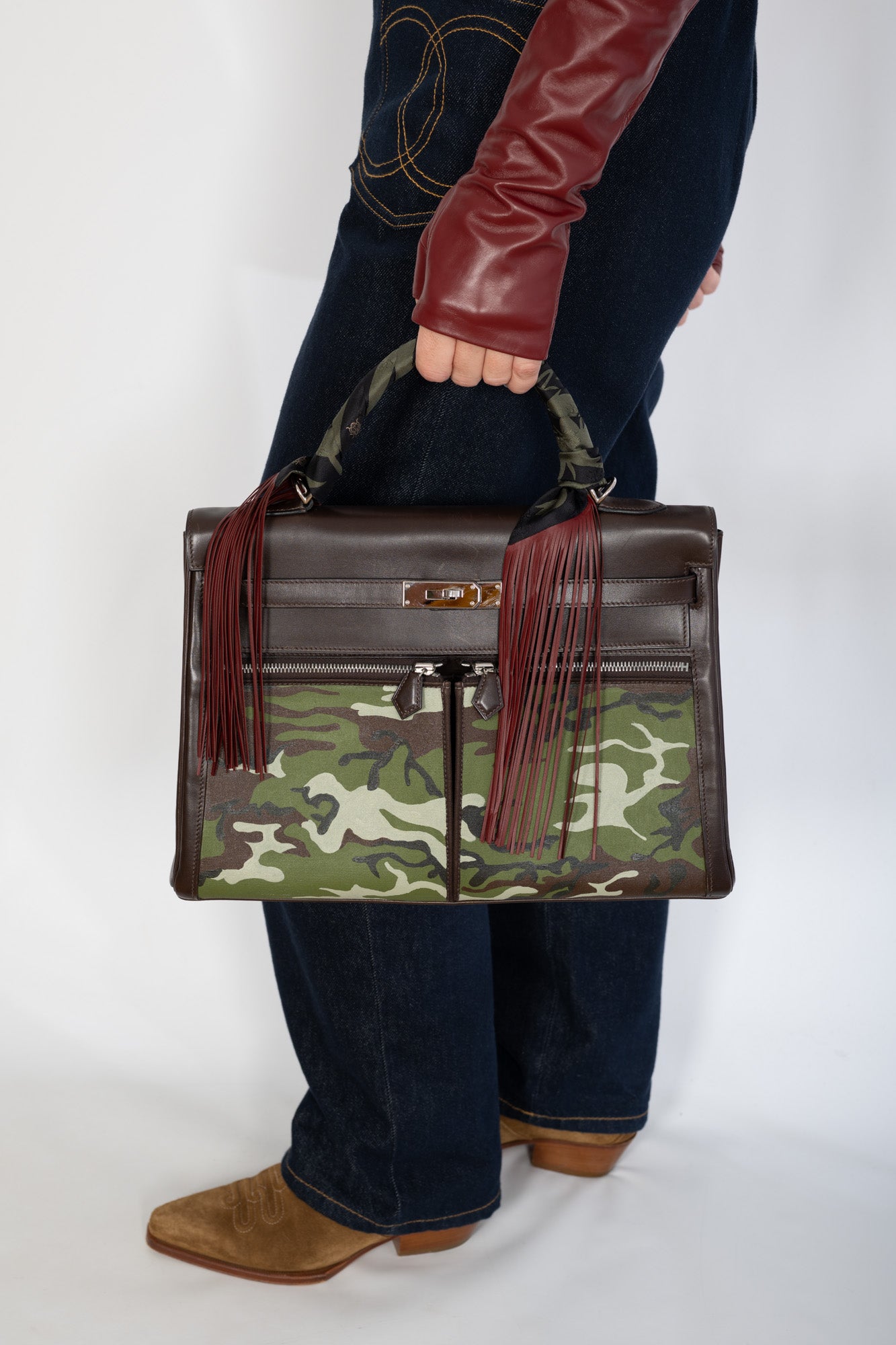 Hermès Kelly 40 Lakis Retourne Brown Swift with JF Custom Graffiti Paint and Canvas Pockets Palladium Hardware