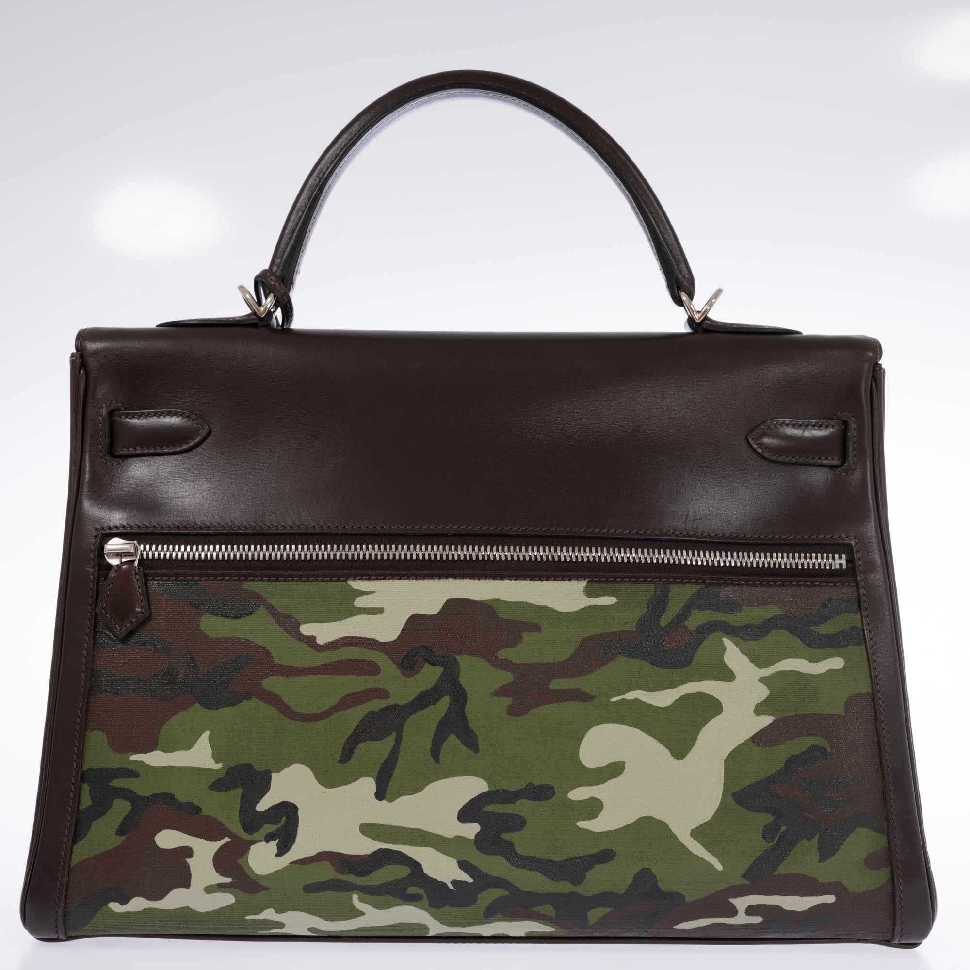 Hermès Kelly 40 Lakis Retourne Brown Swift with JF Custom Graffiti Paint and Canvas Pockets Palladium Hardware