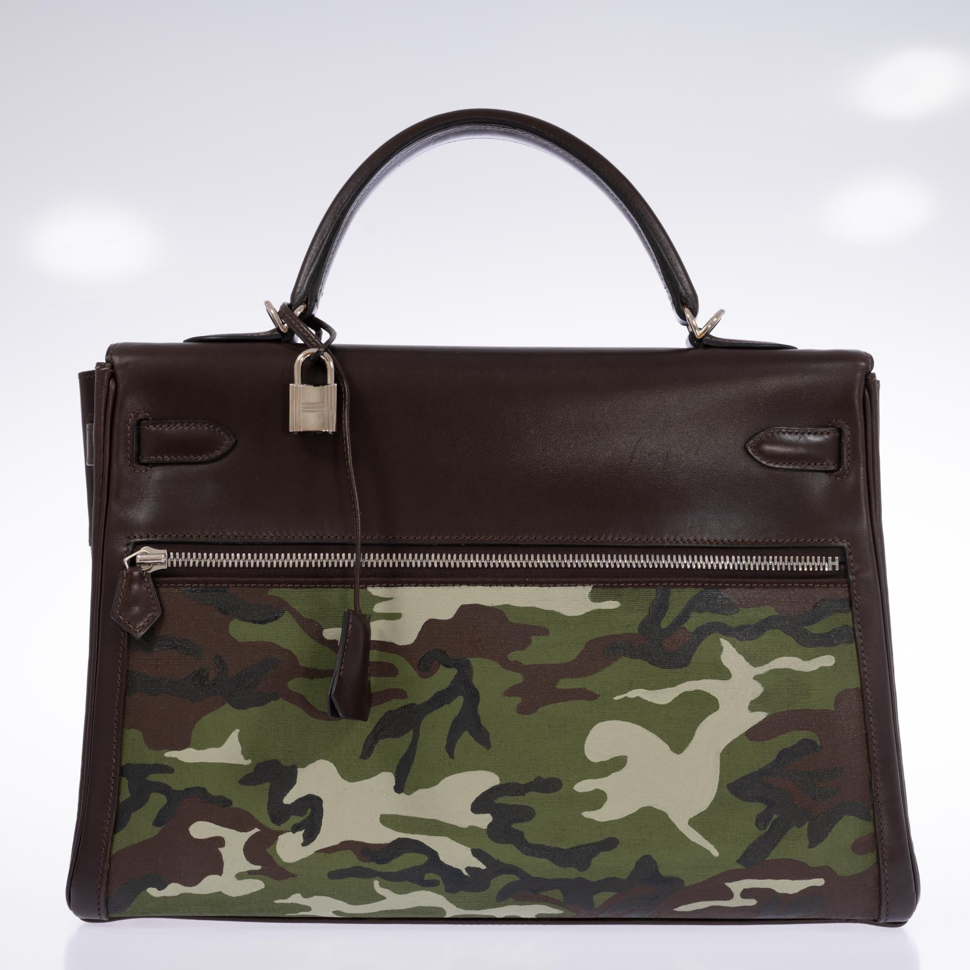 Hermès Kelly 40 Lakis Retourne Havane Swift & Custom Camouflage Canvas Palladium Hardware
