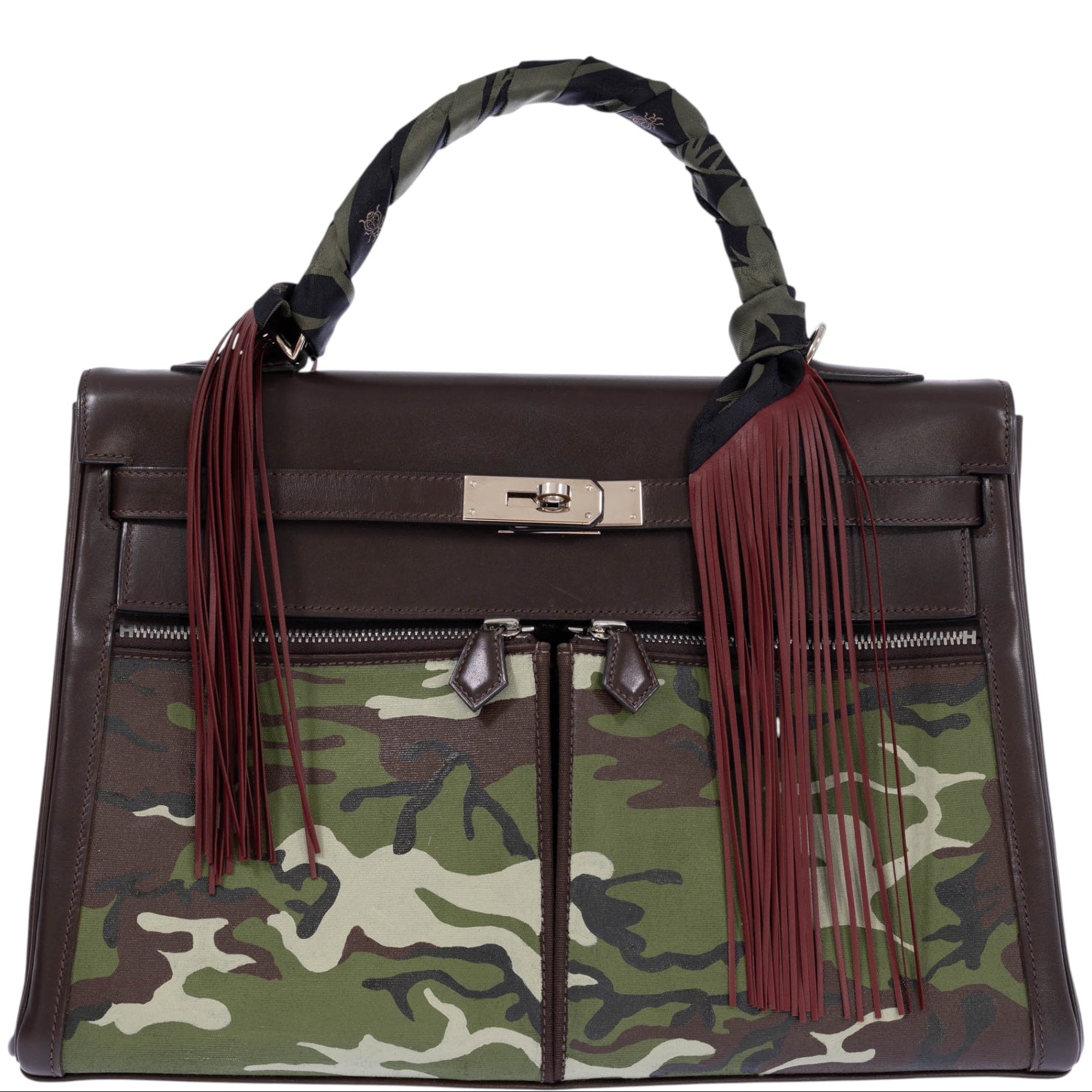 Hermès Kelly 40 Lakis Retourne Havane Swift & Custom Camouflage Canvas Palladium Hardware