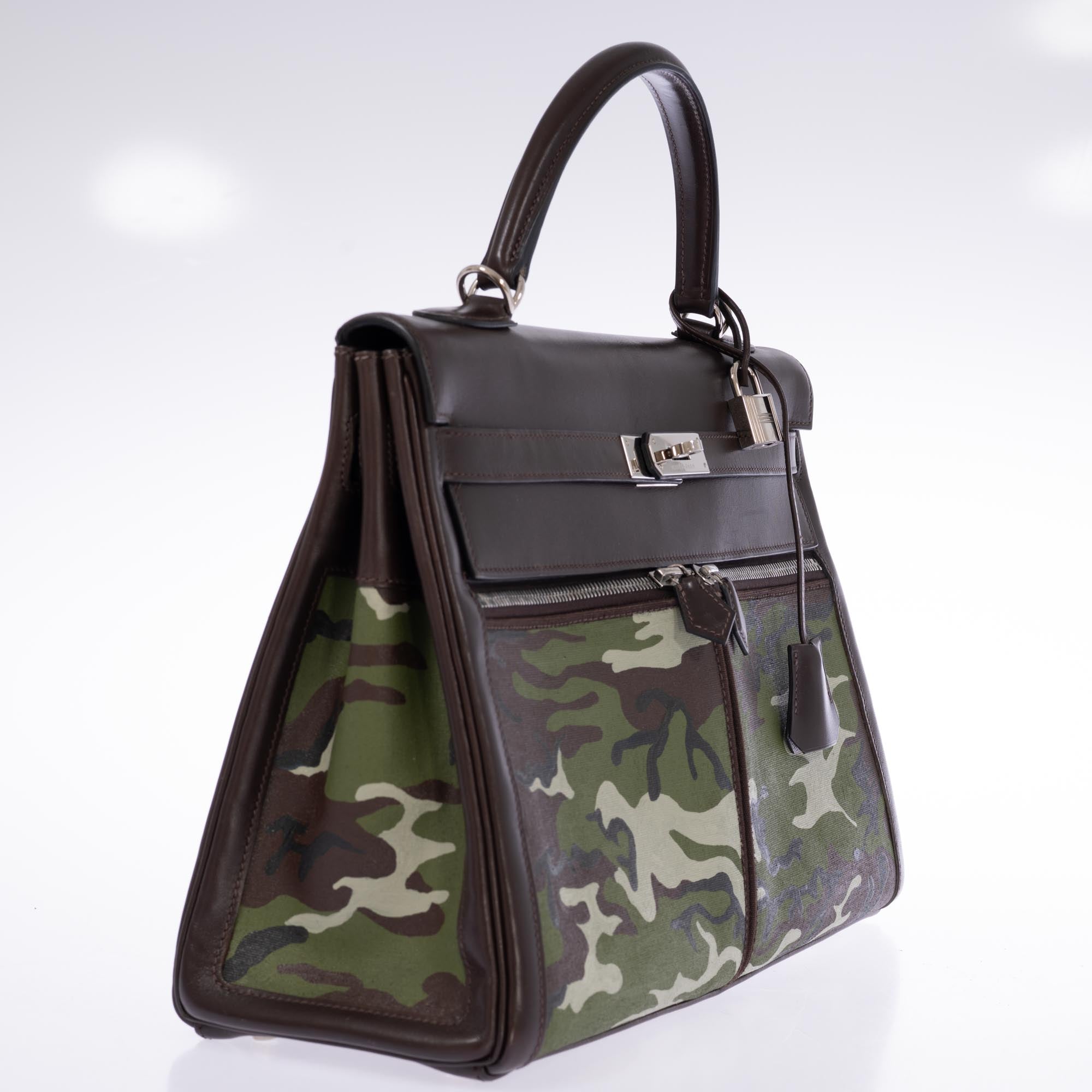 Hermès Kelly 40 Lakis Retourne Havane Swift &amp; Custom Camouflage Canvas Palladium Hardware