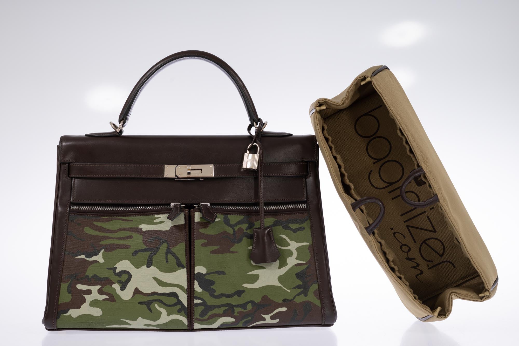 Hermès Kelly 40 Lakis Retourne Havane Swift &amp; Custom Camouflage Canvas Palladium Hardware