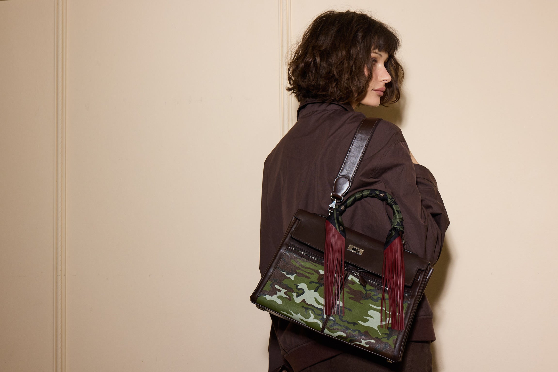 Hermès Kelly 40 Lakis Retourne Havane Swift &amp; Custom Camouflage Canvas Palladium Hardware