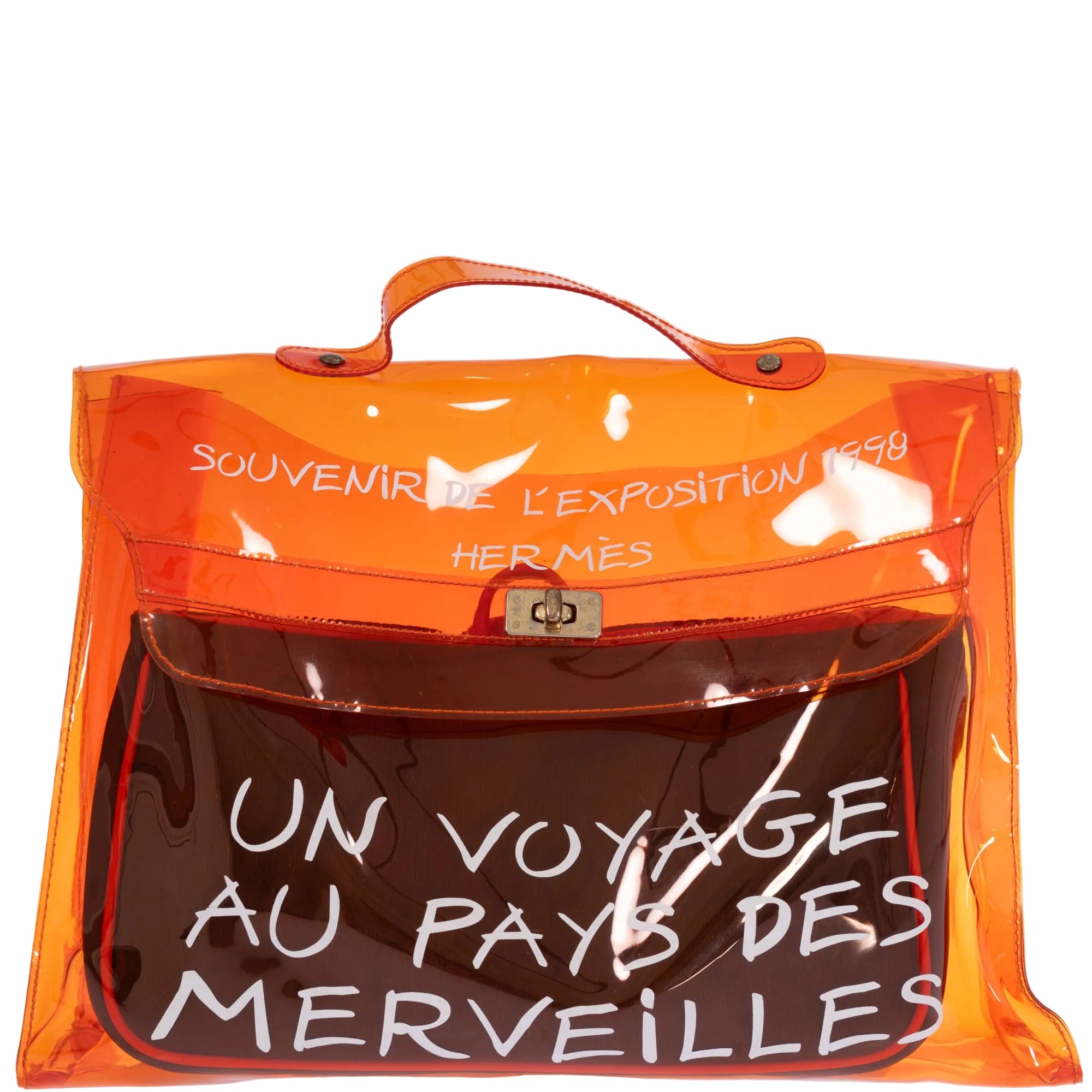 Hermès Kelly 40 Orange Translucent Vinyl Souvenir de l'Exposition 1998 bag, front detail with gold-tone turn lock