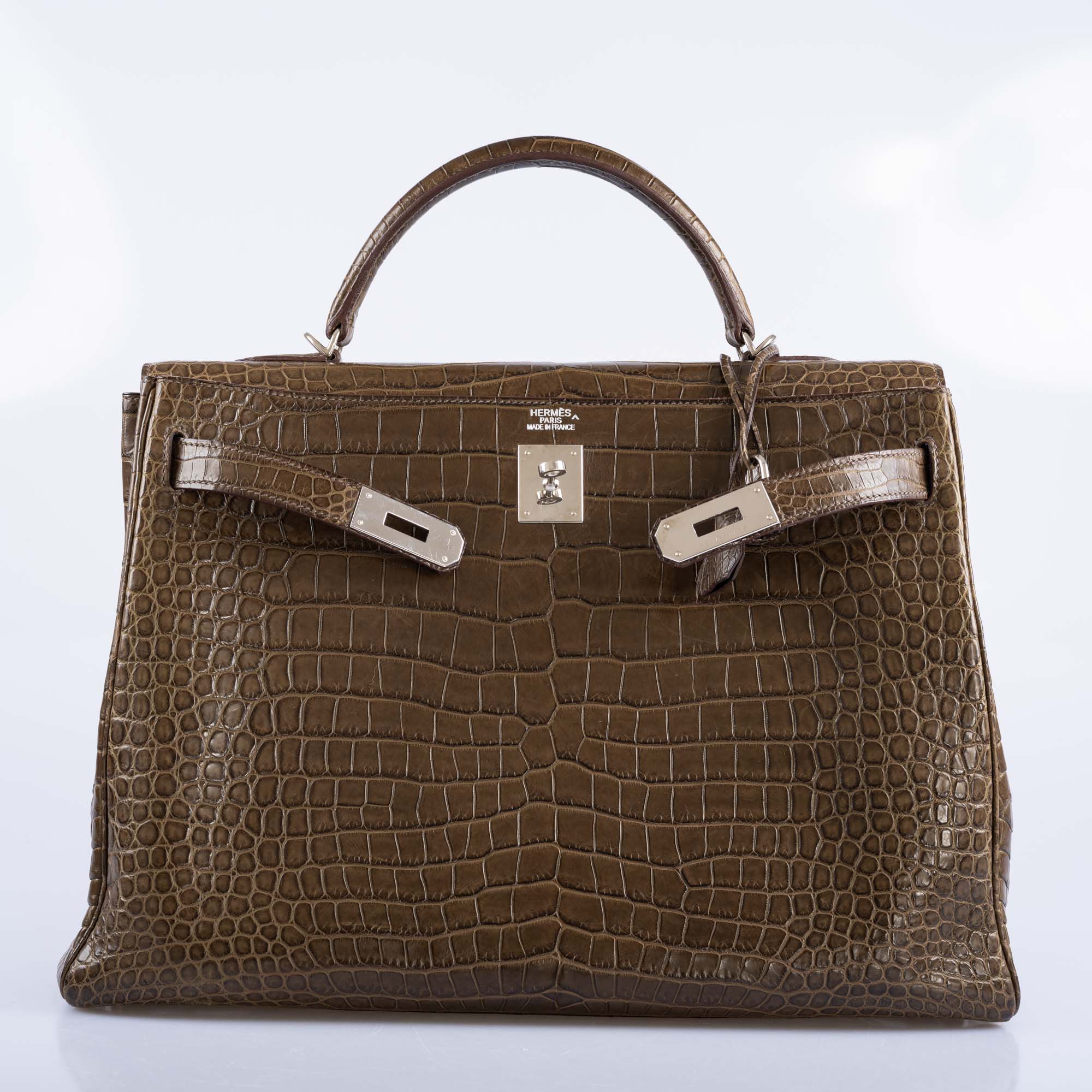 Hermès Kelly 40 Retourne Gris Elephant Matte Porosus Crocodile Palladium Hardware