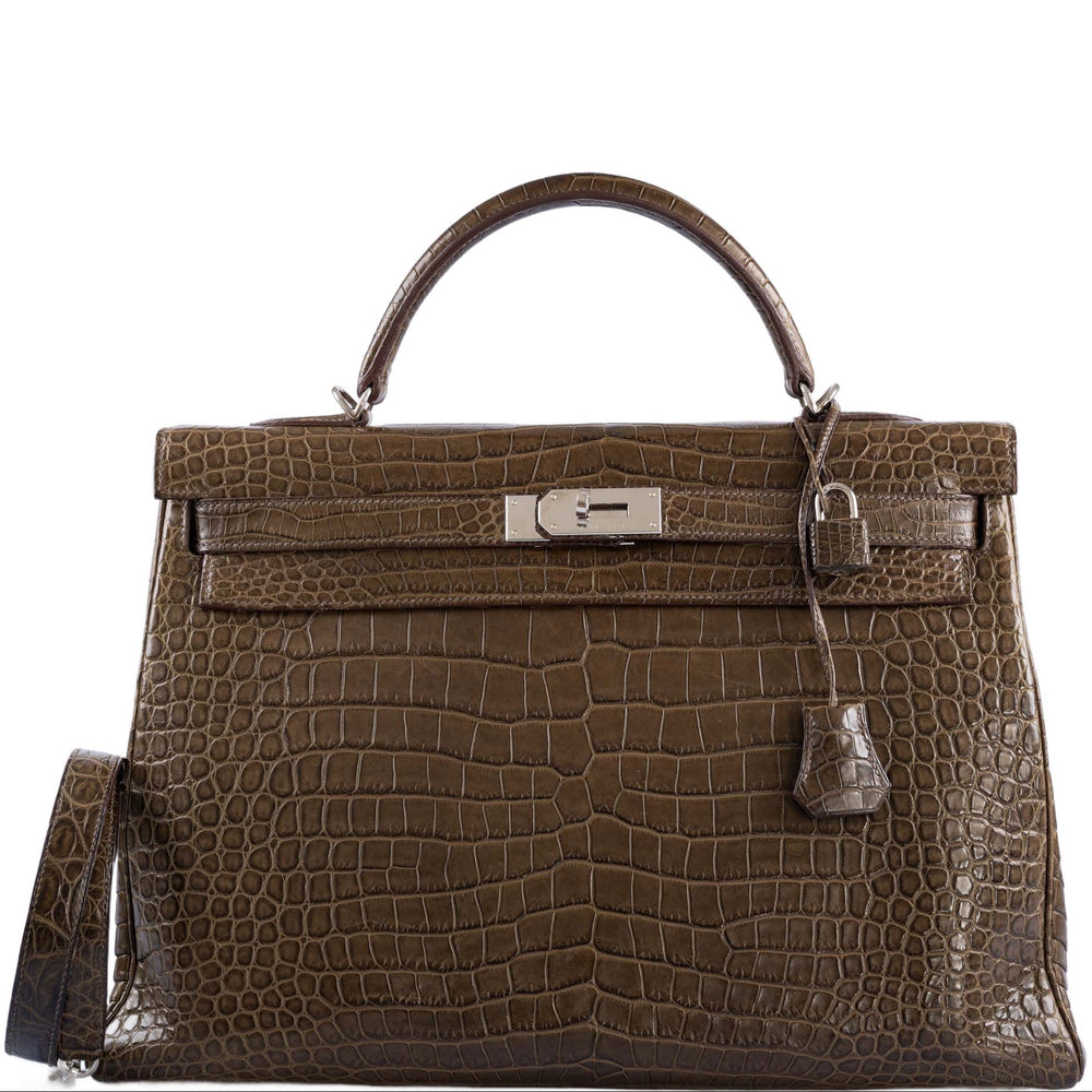 Hermès Kelly 40 Retourne Gris Elephant Matte Porosus Crocodile Palladium Hardware