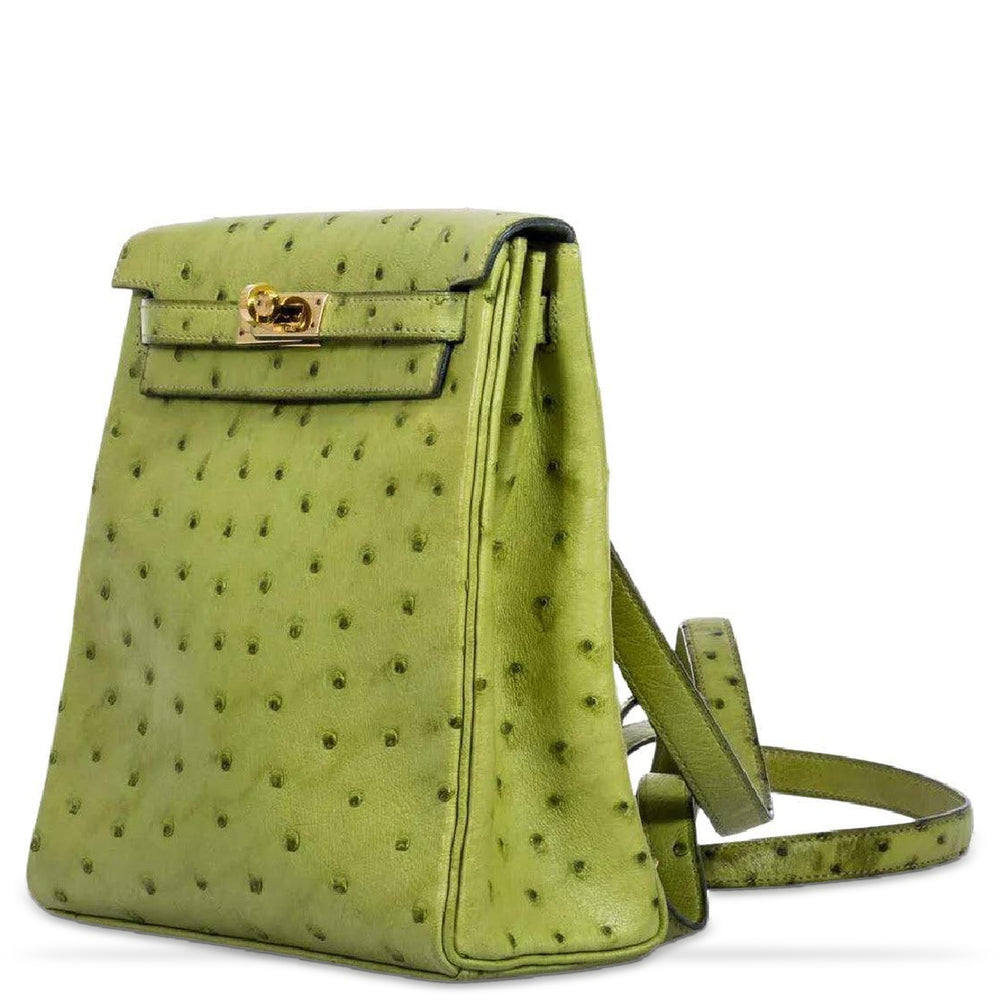 Hermès Kelly a Dos Backpack Vert Anis Ostrich Gold Hardware, three-quarter view