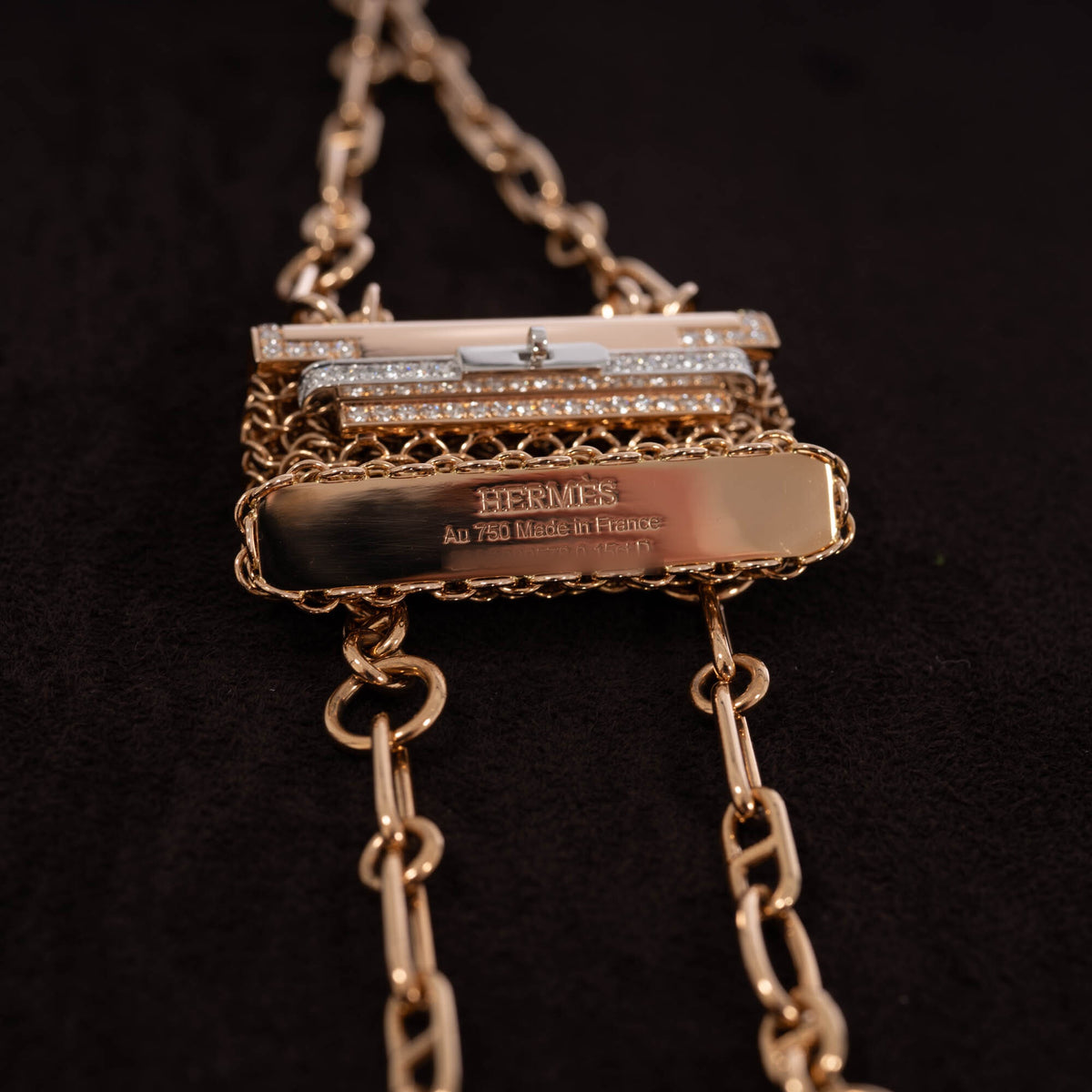 Hermès Kelly Bijou Précieux 18K Rose Gold Diamond Chain Mail Necklace, underside with Hermès Au 750 Made in France engraving