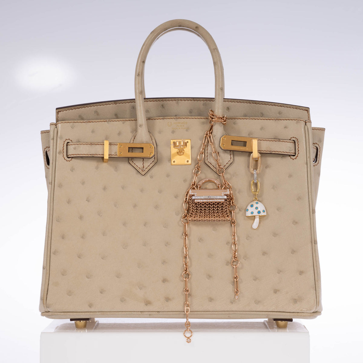Hermès Kelly Bijou Précieux 18K Rose Gold Diamond Chain Mail Necklace, worn as a bag charm on an ostrich Birkin, bag and other charms sold separately