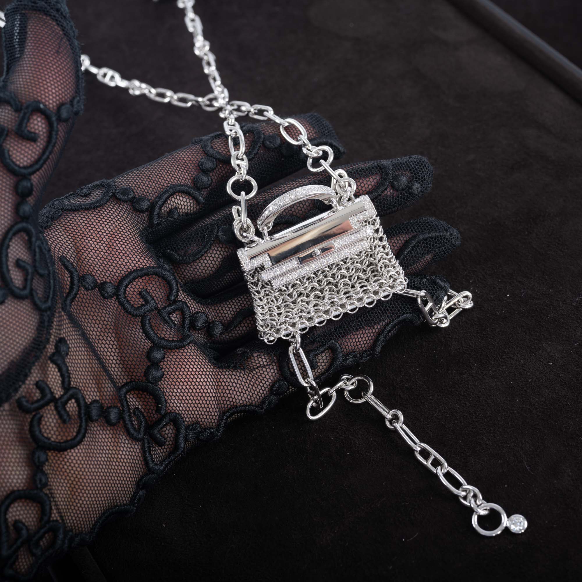 Hermès Kelly Bijou "Précieux" 18K White Gold & Diamond Chain Mail Necklace