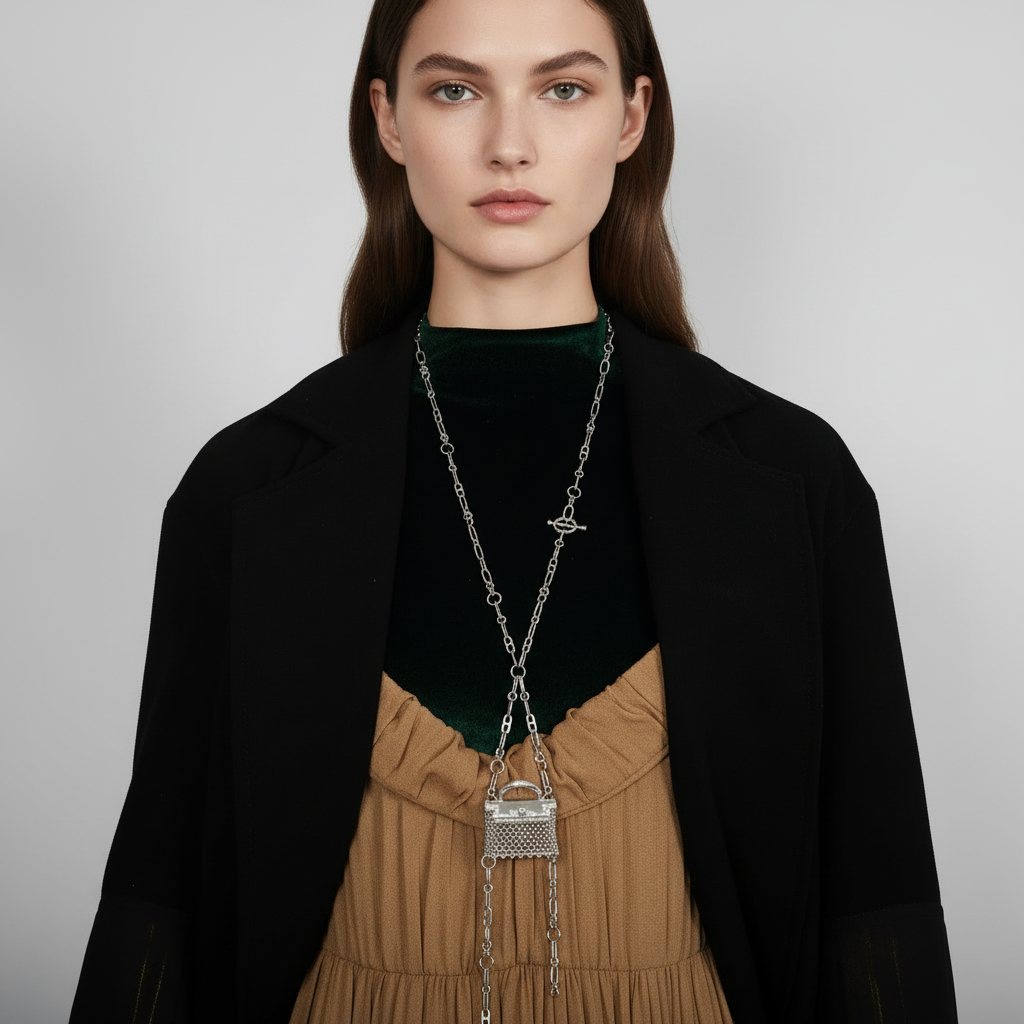 Hermès Kelly Bijou "Précieux" 18K White Gold & Diamond Chain Mail Necklace