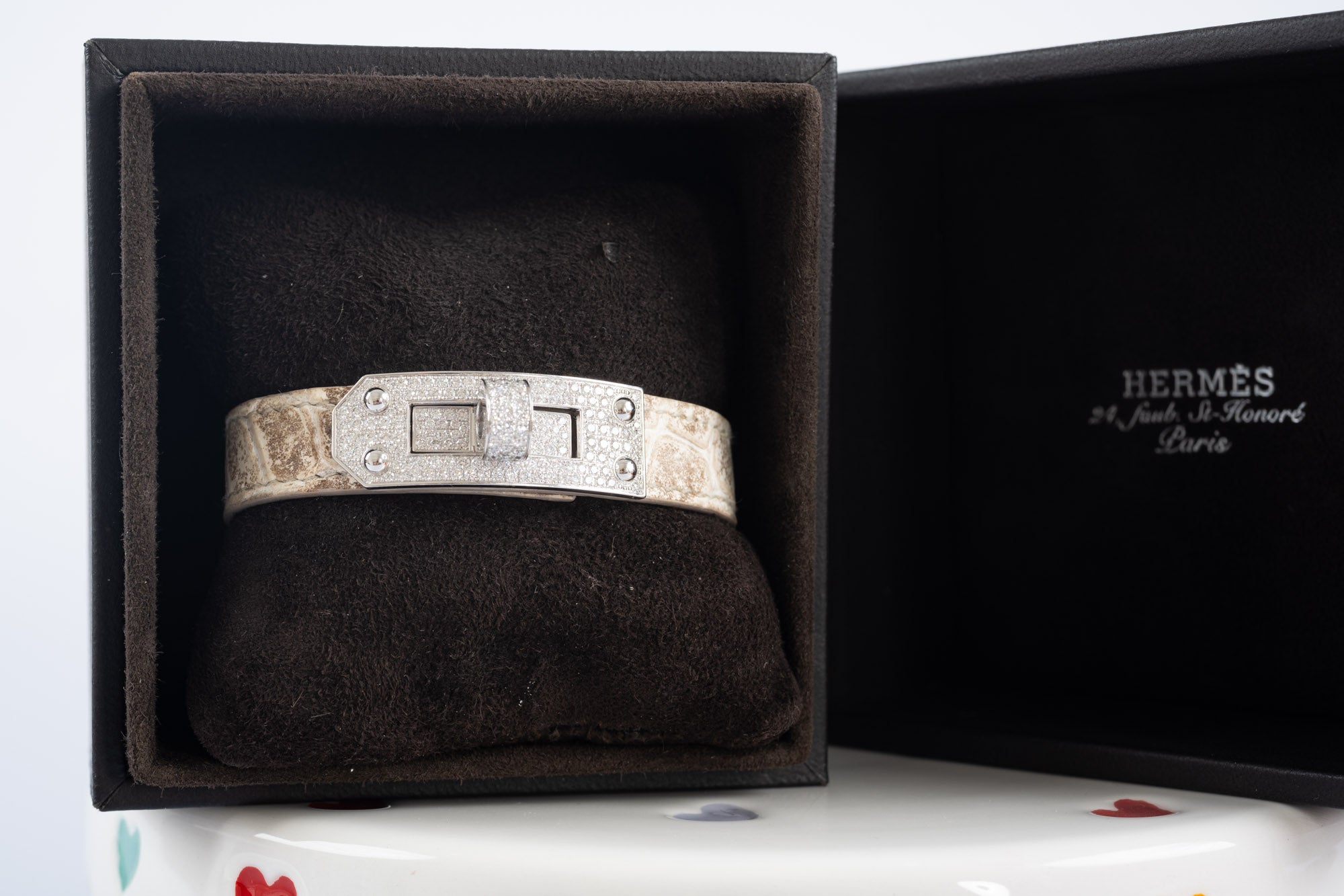 Hermès Kelly Bracelet Himalayan Niloticus Crocodile 18K White Gold & Diamond Pavé