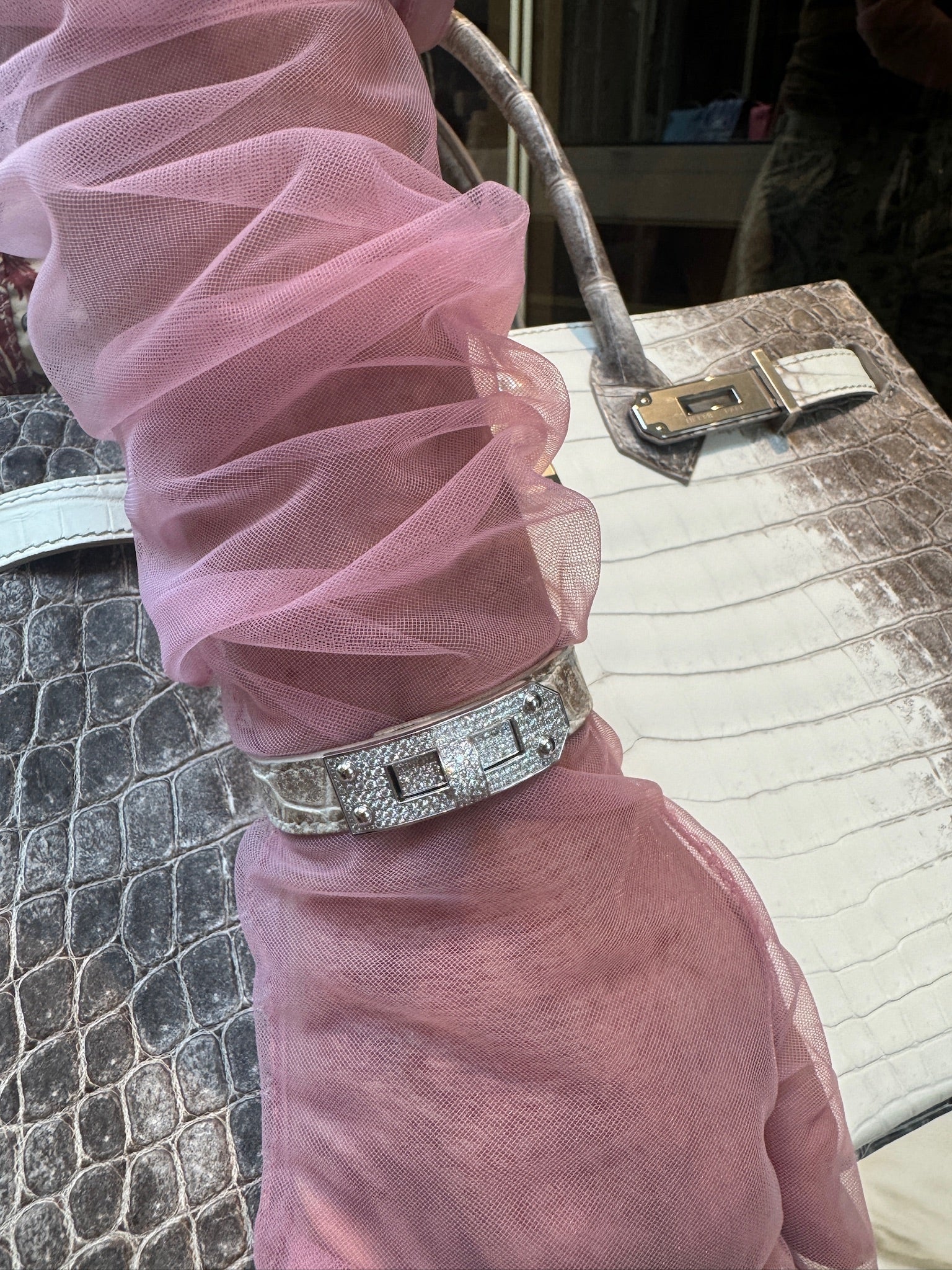 Hermès Kelly Bracelet Himalayan Niloticus Crocodile 18K White Gold & Diamond Pavé