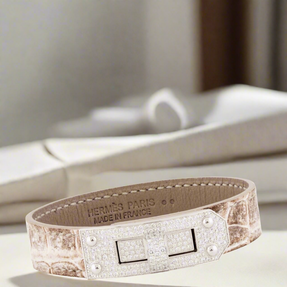 Hermès Kelly Bracelet Himalayan Niloticus Crocodile 18K White Gold & Diamond Pavé