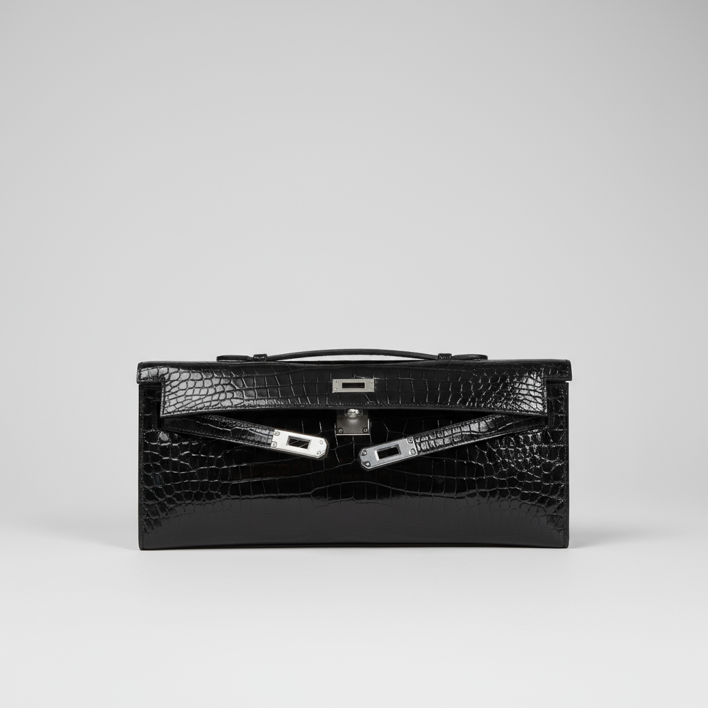 Hermès Kelly Cut Black Shiny Porosus Crocodile Palladium Hardware