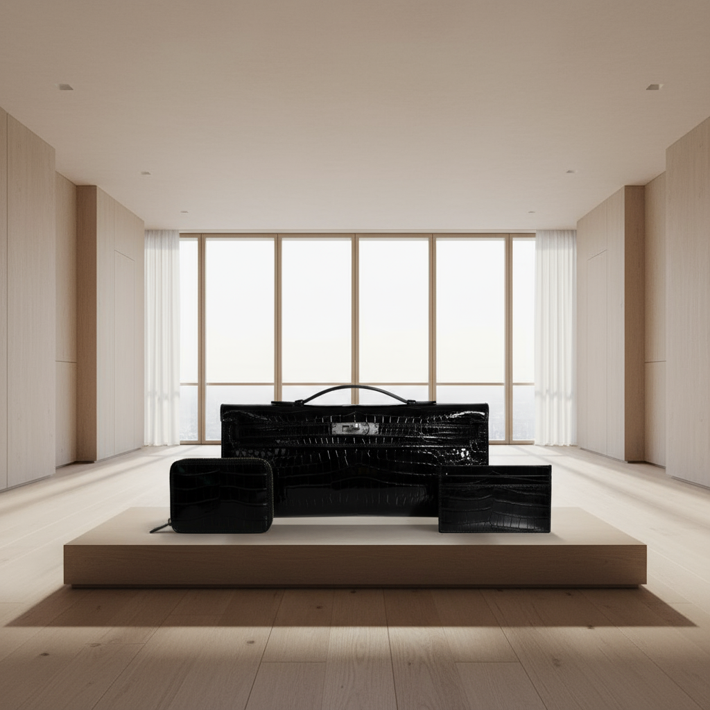 Hermès Kelly Cut Black Shiny Porosus Crocodile Palladium Hardware