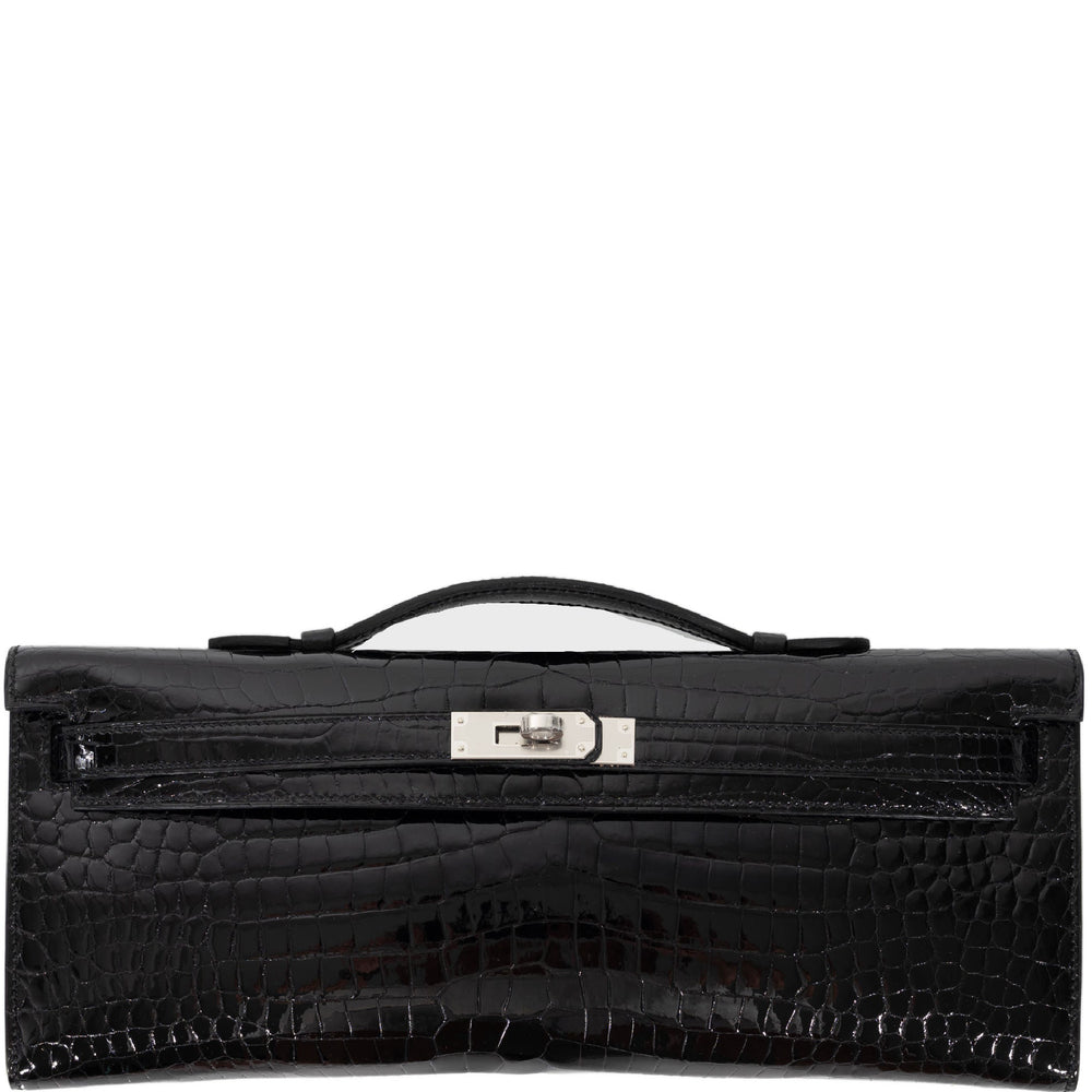 Hermès Kelly Cut Noir Shiny Porosus Crocodile Palladium Hardware