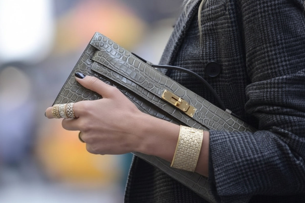 Hermès Kelly Cut Gris Tourterelle Porosus Crocodile Gold Hardware