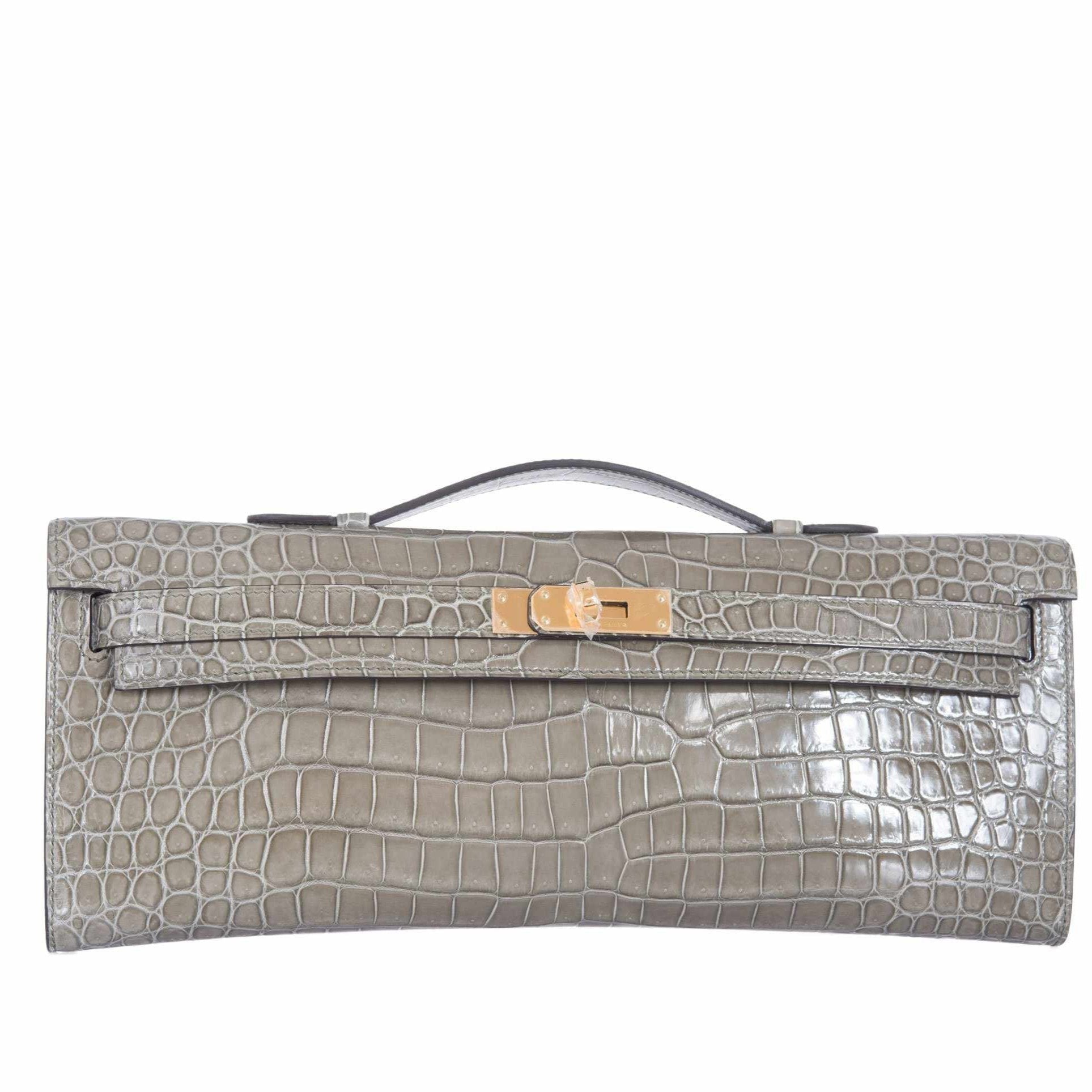 Hermès Kelly Cut Gris Tourterelle Porosus Crocodile Gold Hardware