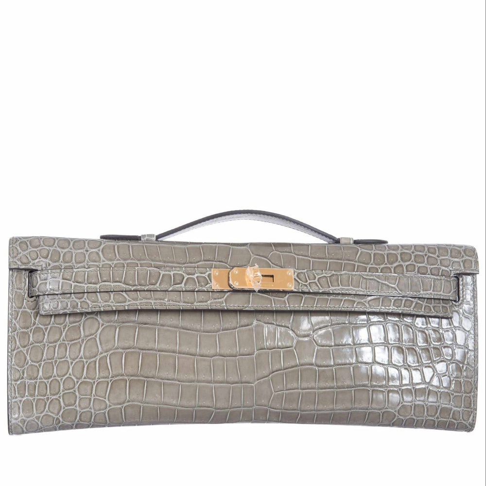Hermès Kelly Cut Gris Tourterelle Porosus Crocodile Gold Hardware