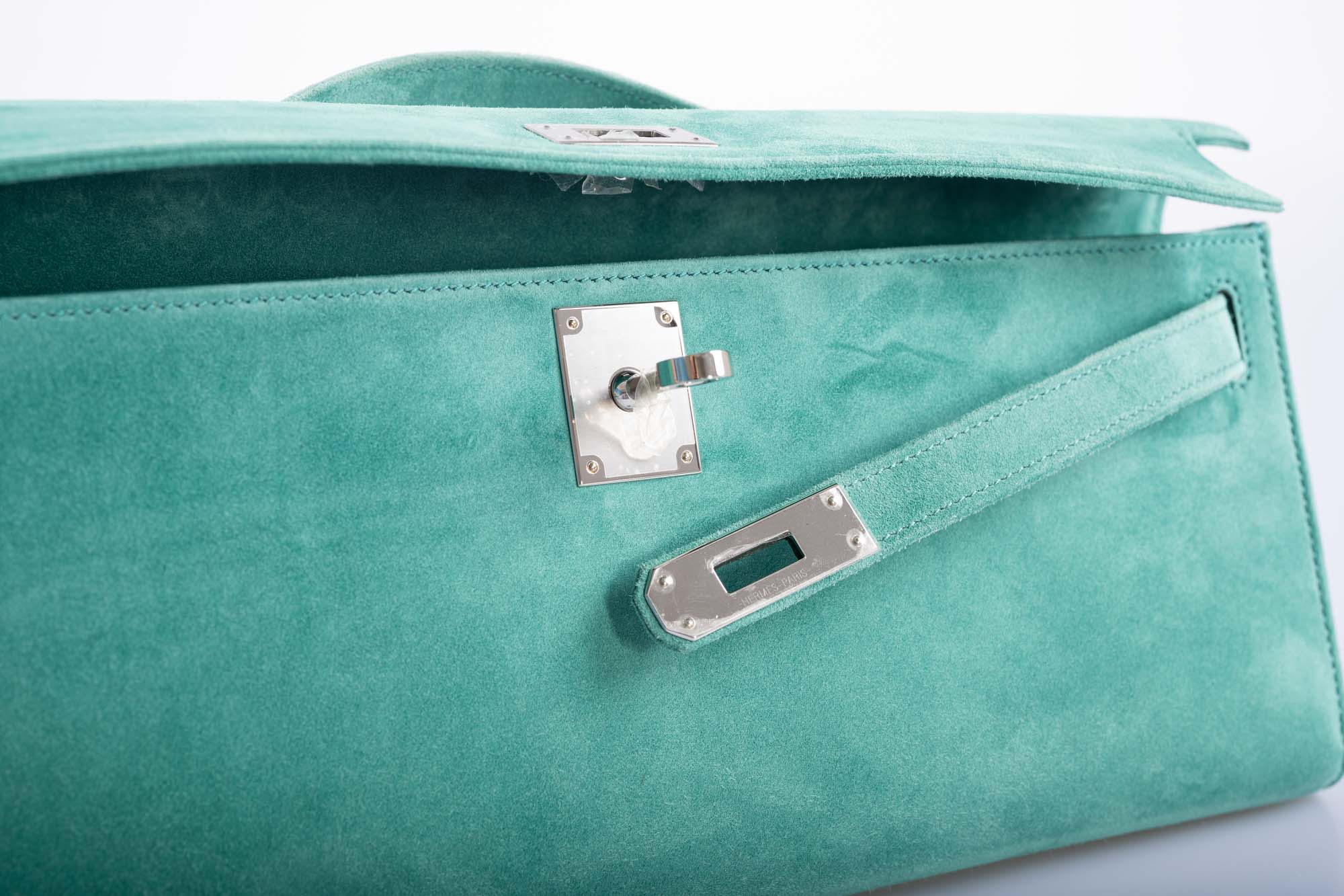 Hermès Kelly Cut Vert Verone Doblis Suede Palladium Hardware