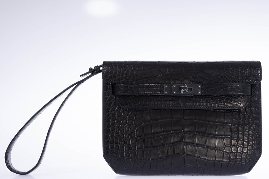 Hermès Kelly Dépêches Pochette 25 Black Matte Alligator PVD Hardware