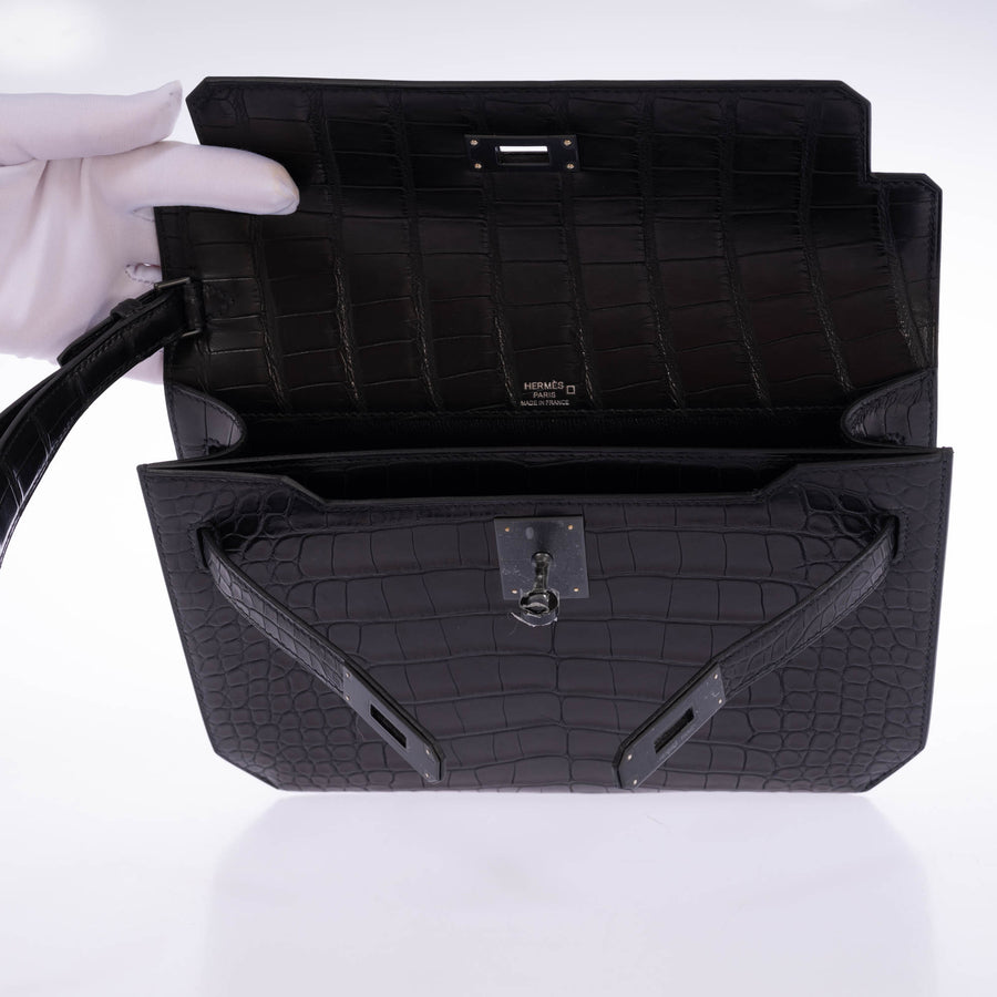 Hermès Kelly Dépêches Pochette 25 Black Matte Alligator PVD Hardware