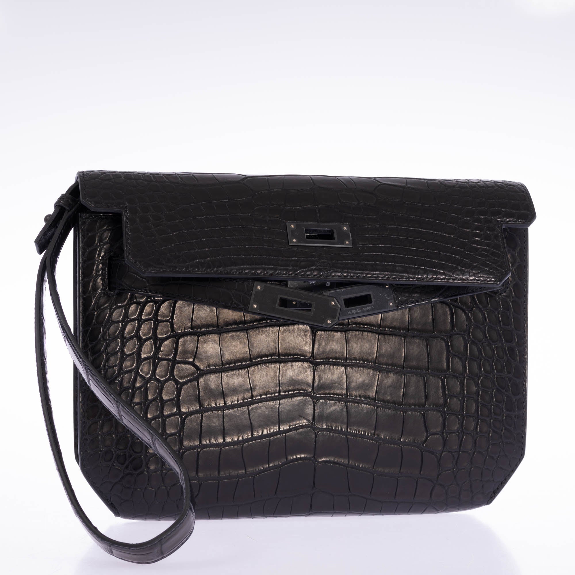 Hermès Kelly Dépêches Pochette 25 Black Matte Alligator PVD