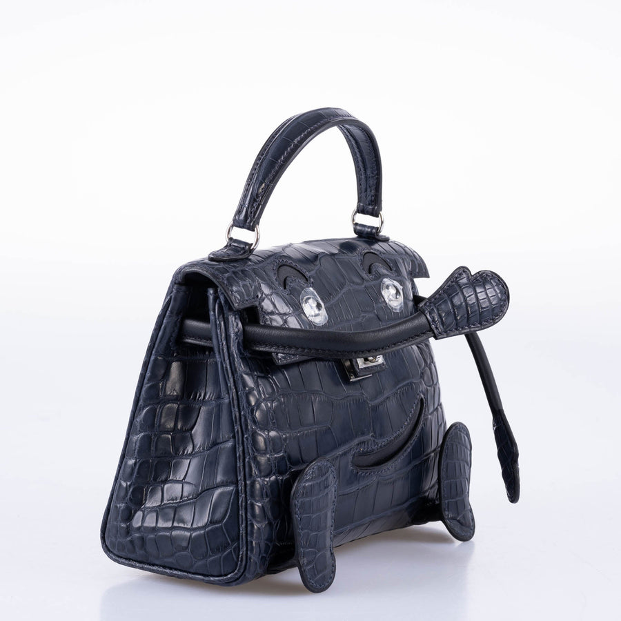 Hermès Kelly Doll Quelle Idole Bleu Nuit Matte Alligator / Black Swift Palladium Hardware
