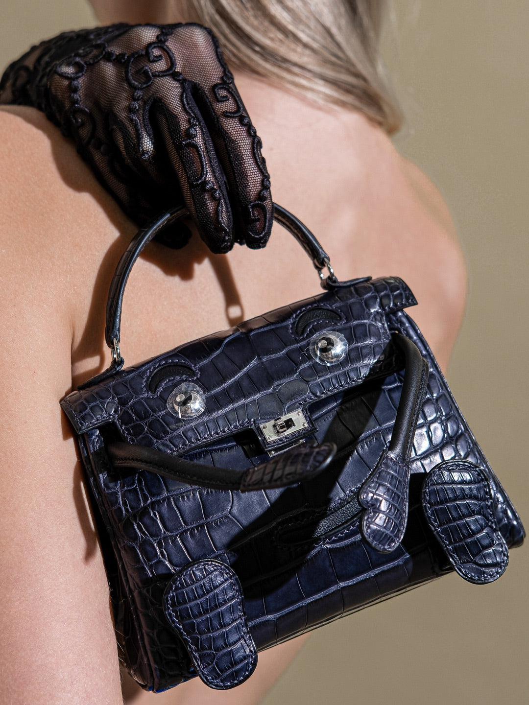 Hermès Kelly Doll Quelle Idole Bleu Nuit Matte Alligator / Black Swift Palladium Hardware